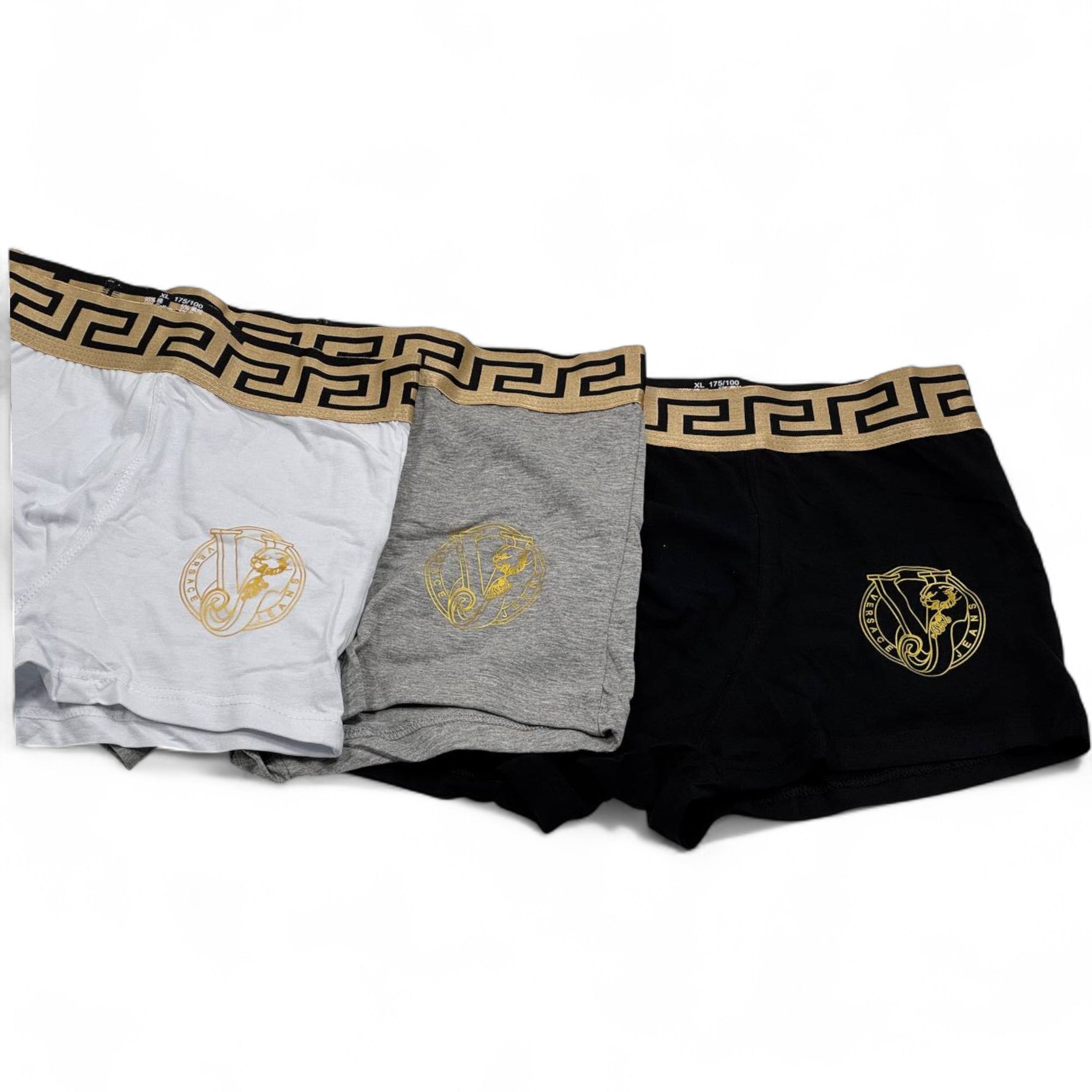 🖤 Versace Men’s Boxer Set – 3-Pack Gold Medusa Waistband (Black, Grey, White) 👑