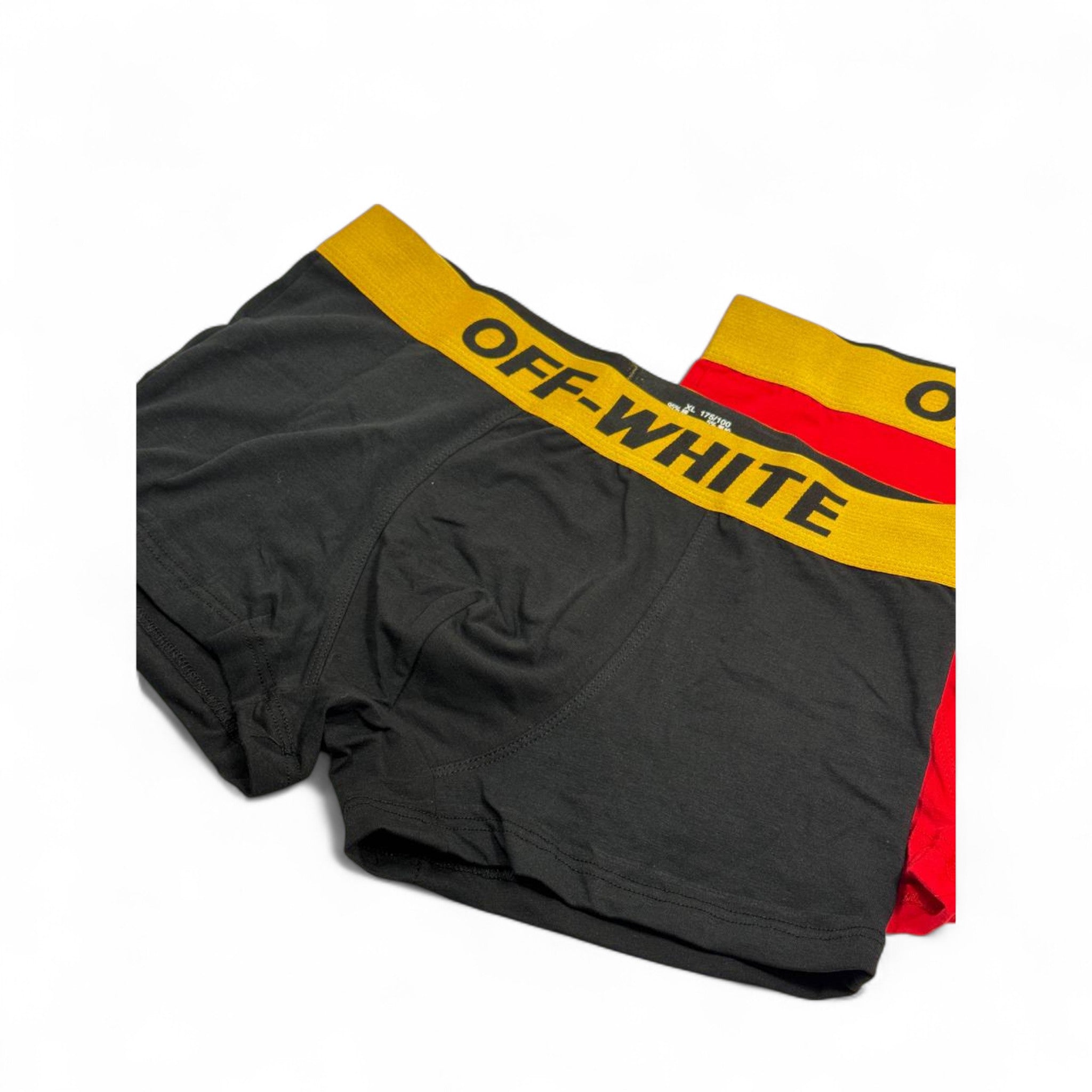 🩳 Off-White Men’s Boxer Set – 3-Pack Yellow Waistband Edition (White, Black, Red) ⚡