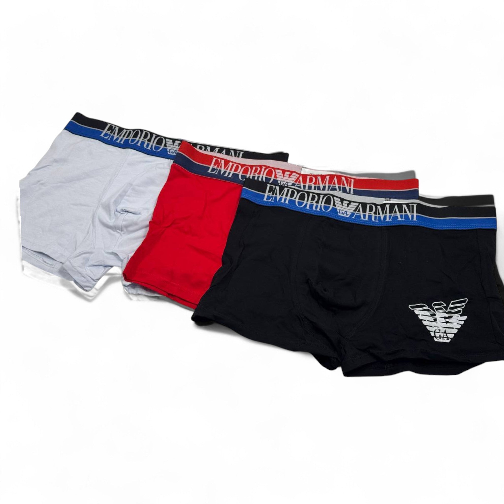 🩳 Emporio Armani Men’s Boxer Set – 3-Pack Eagle Logo Edition (Black, Red, Light Blue) 🦅