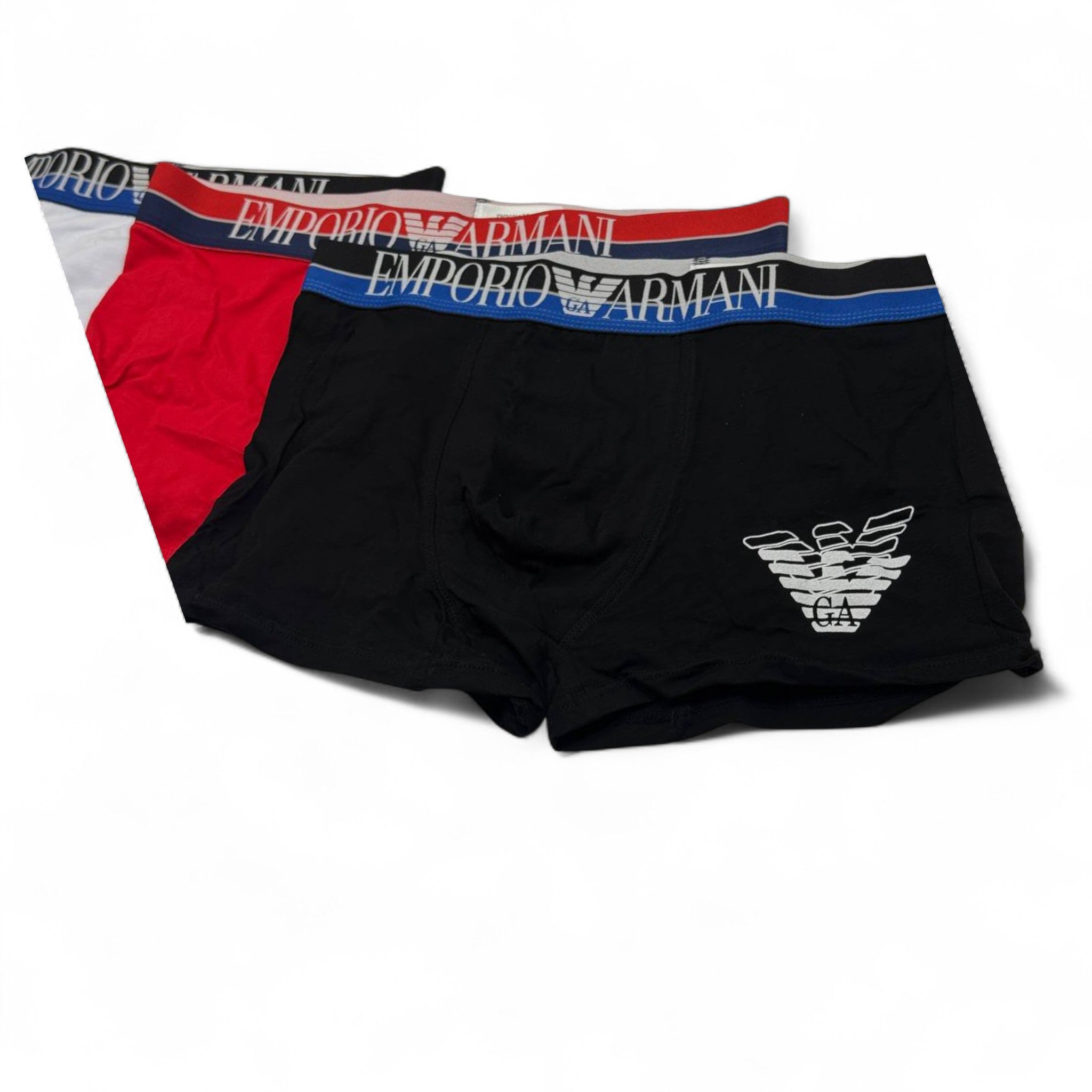 🩳 Emporio Armani Men’s Boxer Set – 3-Pack Eagle Logo Edition (Black, Red, Light Blue) 🦅