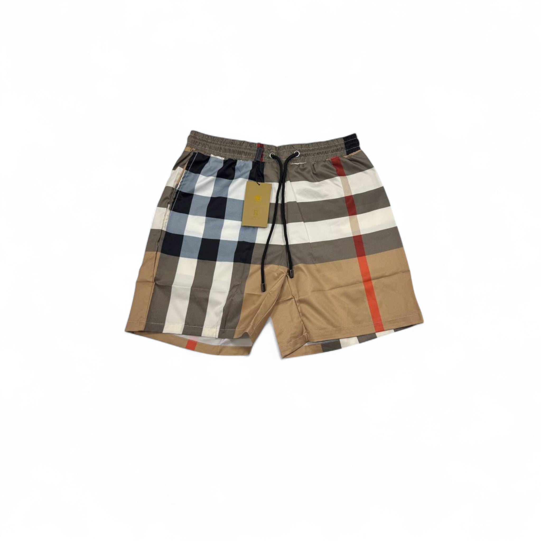 🏖️ Classic Burberry-Inspired Checkered Swim Shorts – Beige, Black & Red