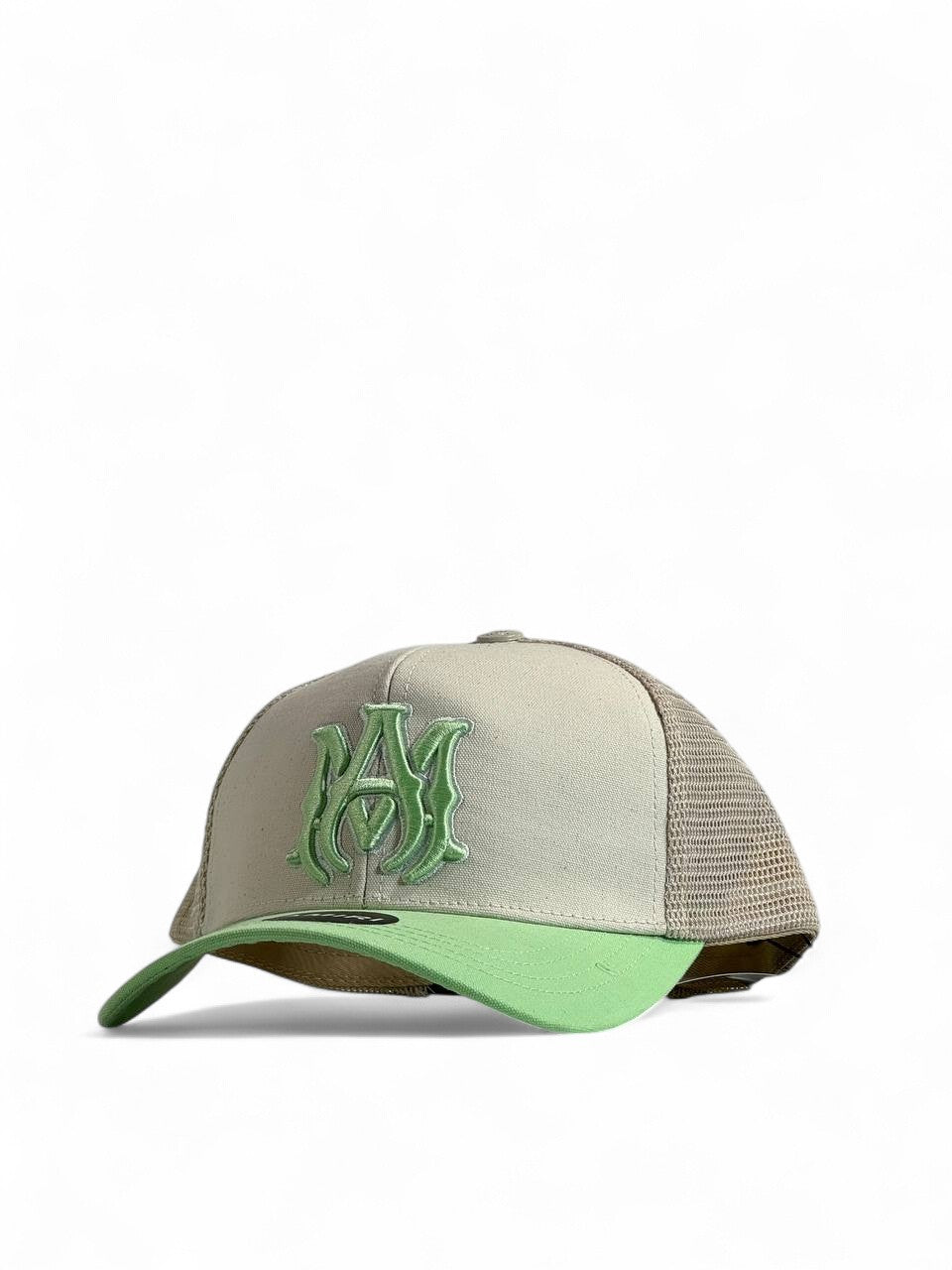 🍃 AMIRI Beige & Green Trucker Cap – Luxury Streetwear with Fresh Vibes 🌟