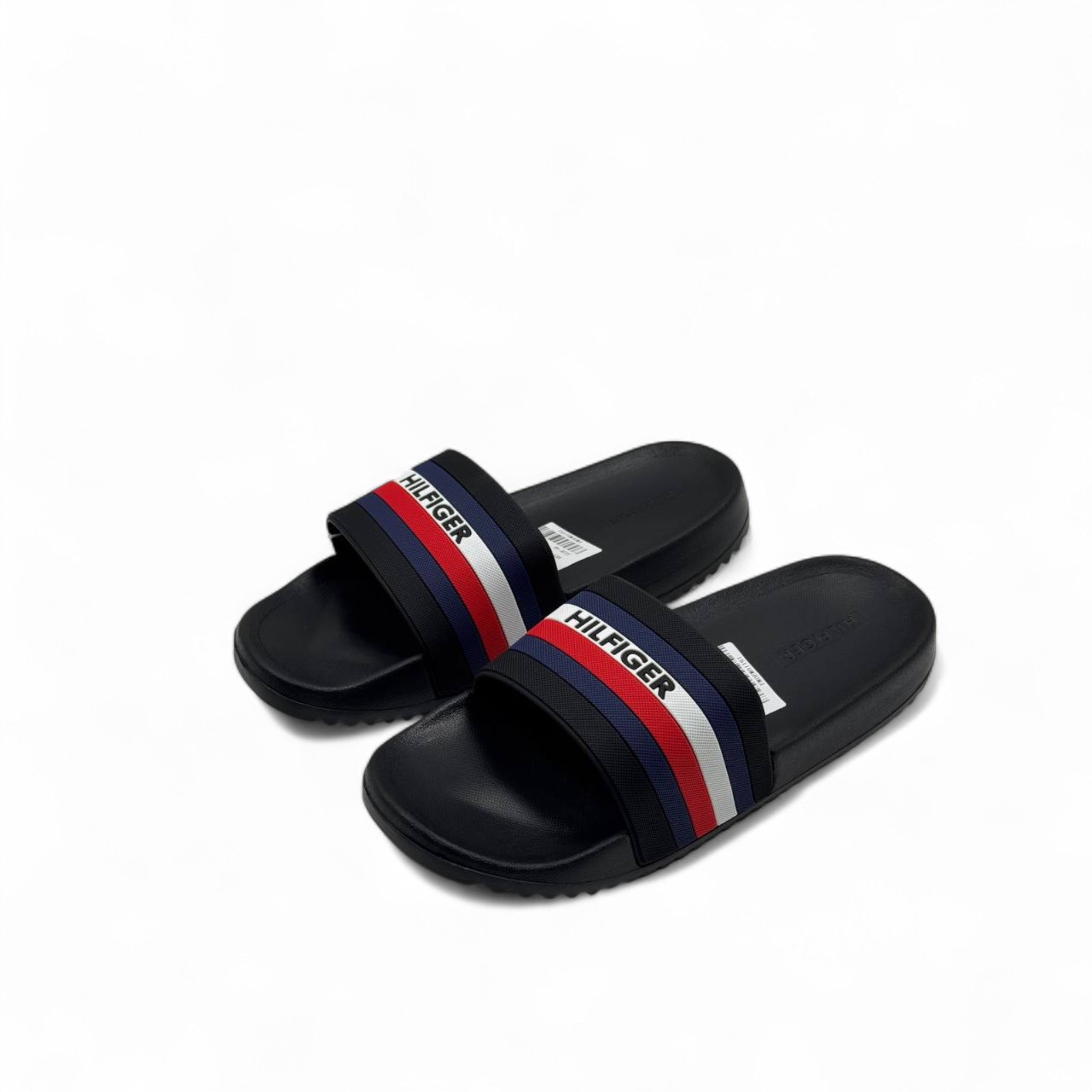 Tommy Hilfiger Black Slides 👟 – Bold Stripes, Timeless Style
