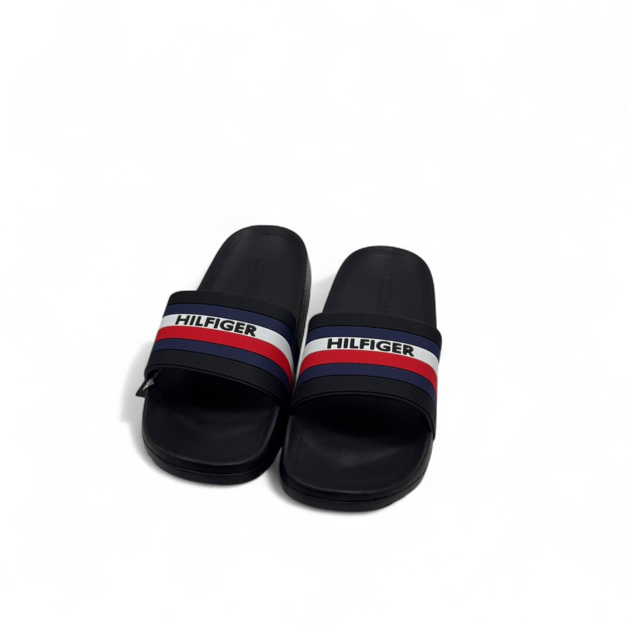 Tommy Hilfiger Black Slides 👟 – Bold Stripes, Timeless Style