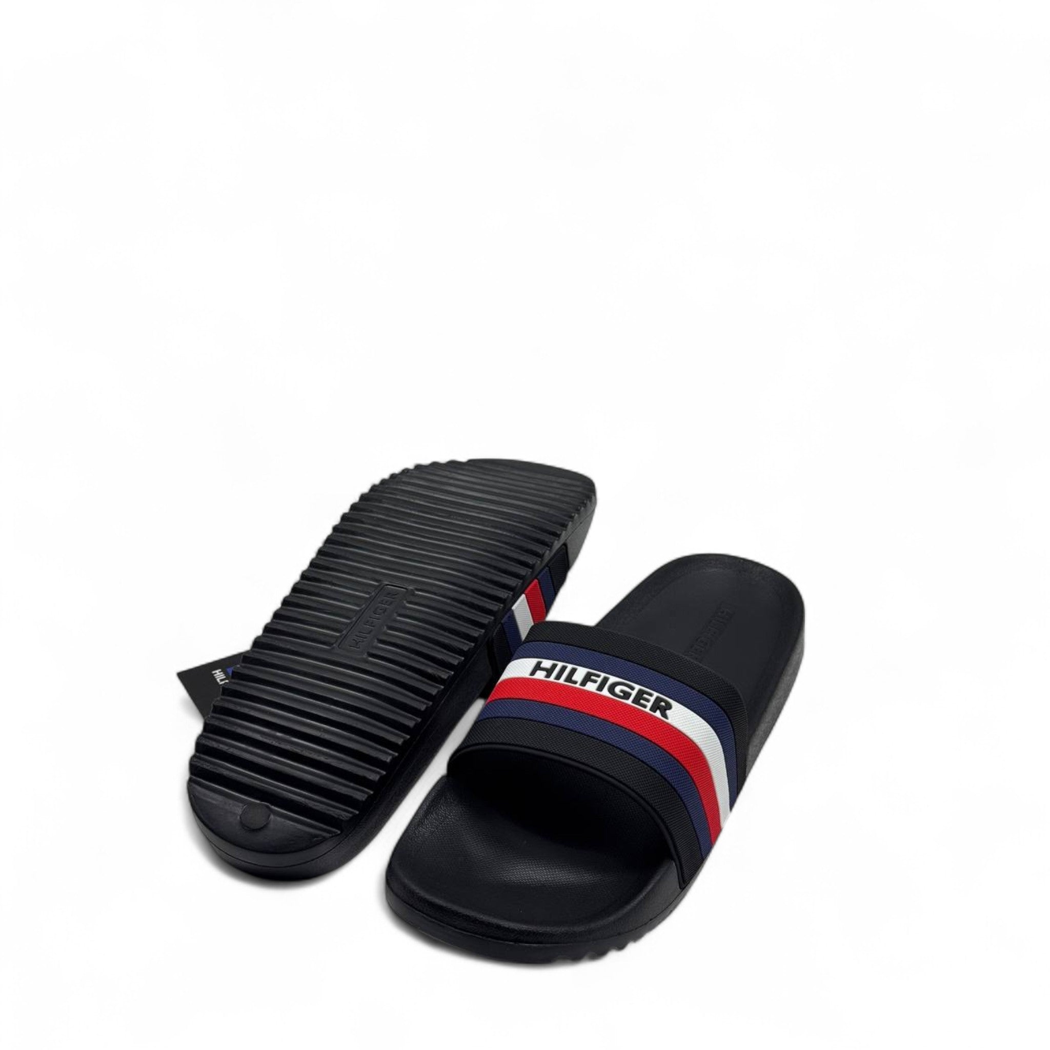 Tommy Hilfiger Black Slides 👟 – Bold Stripes, Timeless Style
