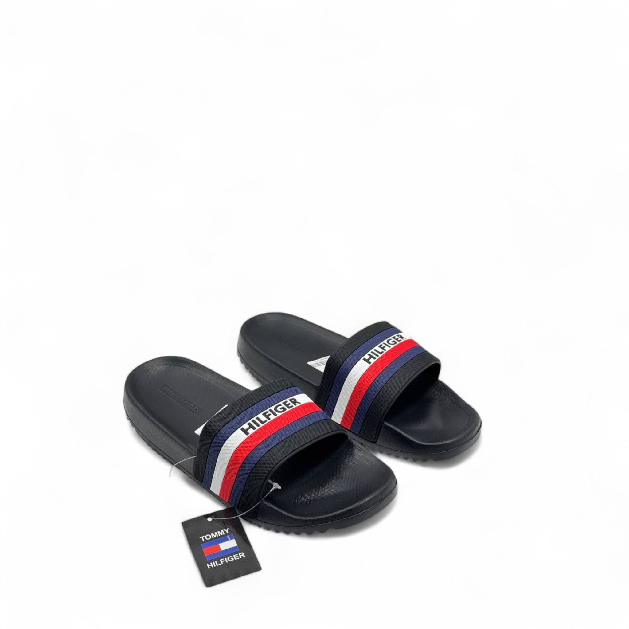 Tommy Hilfiger Black Slides 👟 – Bold Stripes, Timeless Style
