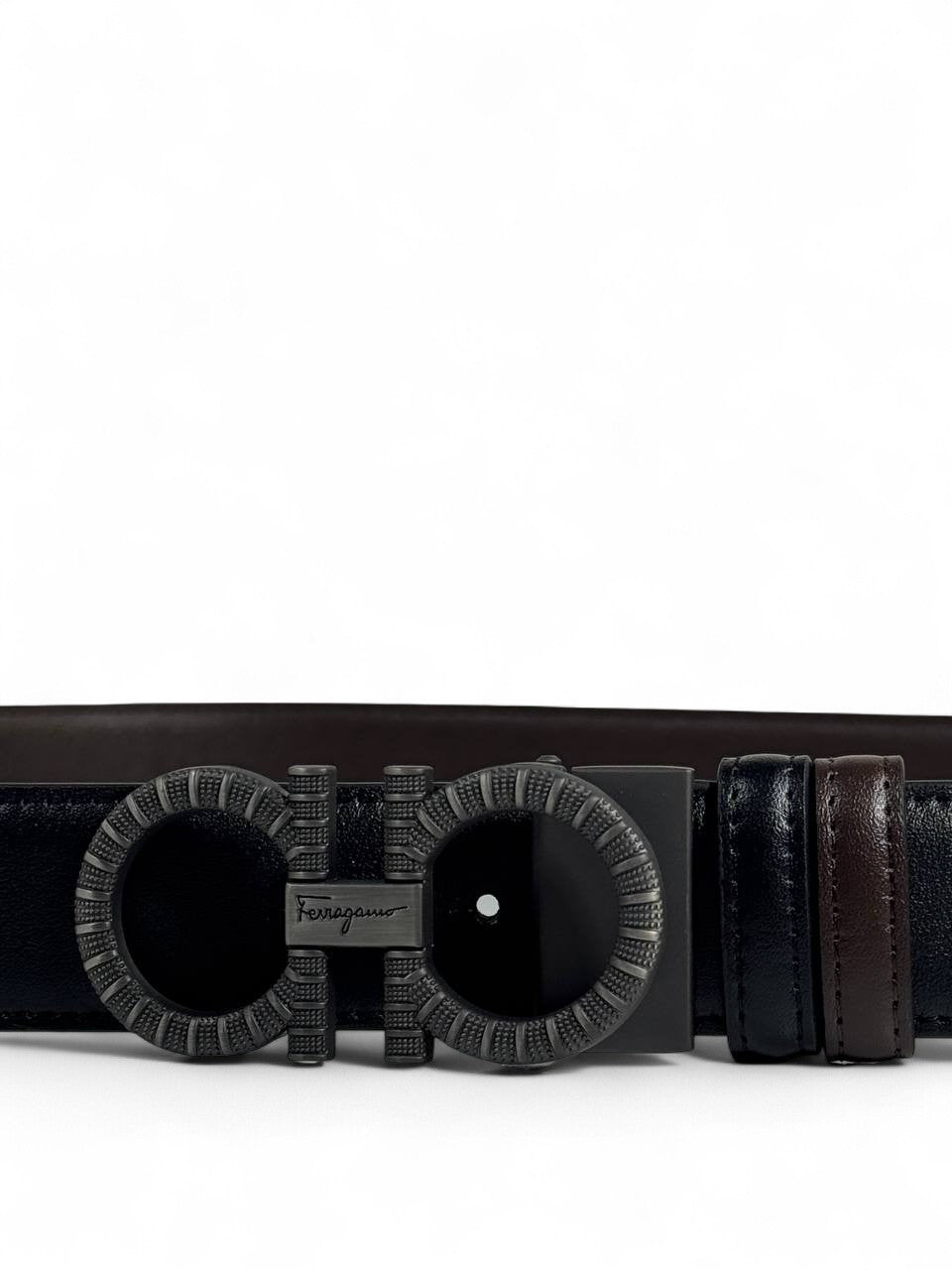 🖤 Ferragamo Style Double-Face Belt – 130 cm | Matte Black “Gancini” Buckle 🌀 | Reversible Premium Finish ✨