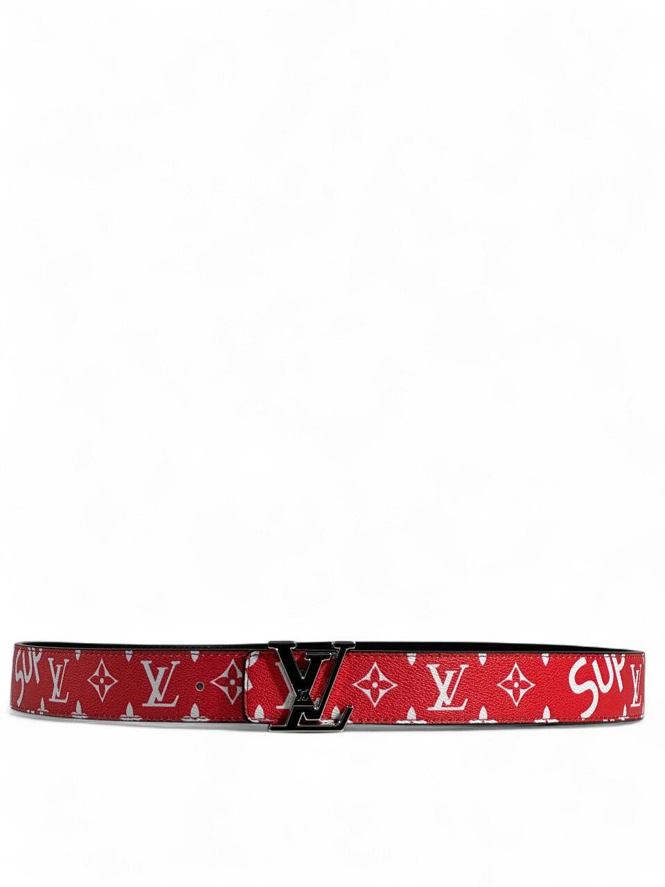 ❤️ LV × Supreme Style Red Belt – 125 cm | Black “LV” Logo Buckle 🖤✨ | Bold Street-Luxury Statement 🔥