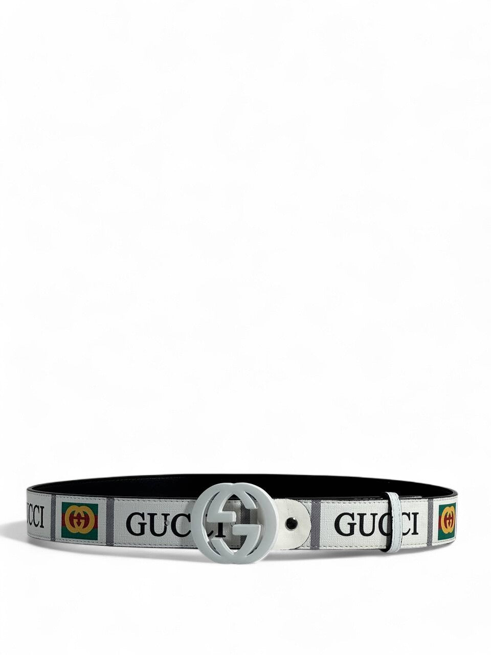🤍 Gucci Style White Belt – 115 cm | White “GG” Logo Buckle ✨ | Bold Designer Print 💚❤️