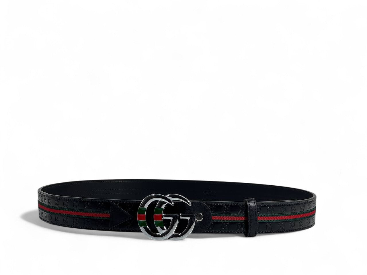 🖤 Gucci Style Black Belt – 125 cm | Silver “GG” Logo Buckle ✨ | Green & Red Signature Stripe 💚❤️