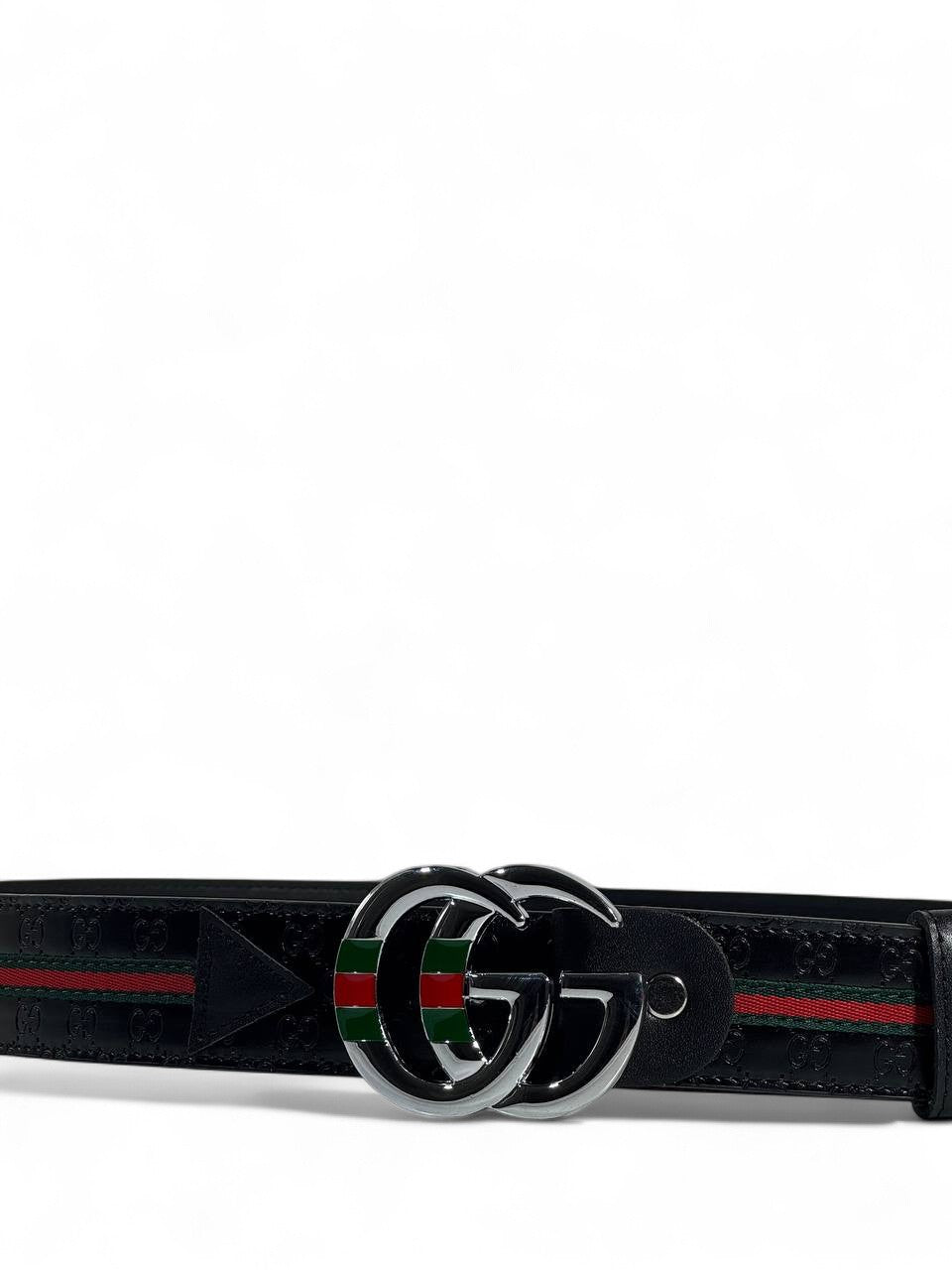 🖤 Gucci Style Black Belt – 125 cm | Silver “GG” Logo Buckle ✨ | Green & Red Signature Stripe 💚❤️