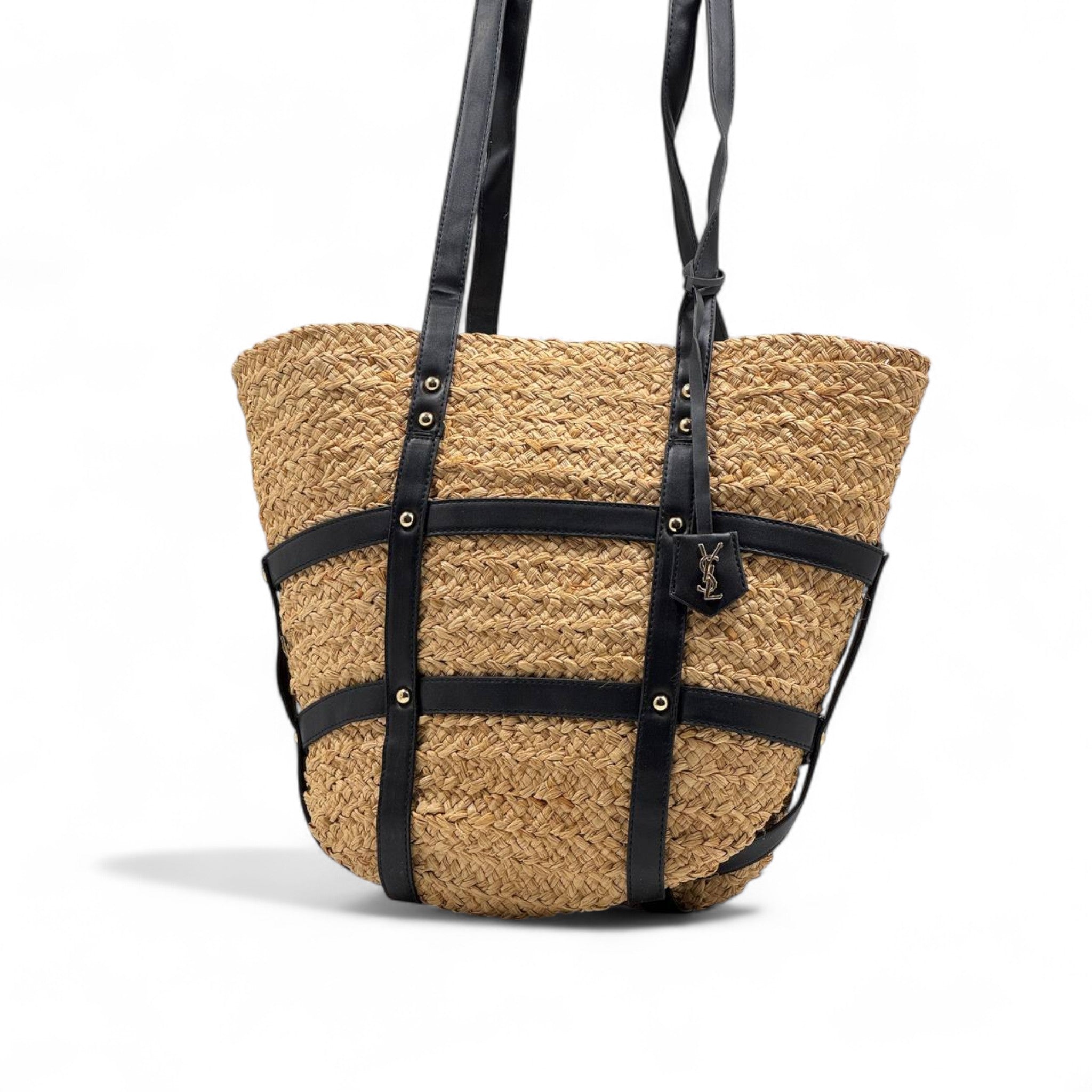 Saint Laurent Panier Raffia Tote with Black Leather Straps 🌾🖤 | YSL Summer Statement Bag ✨