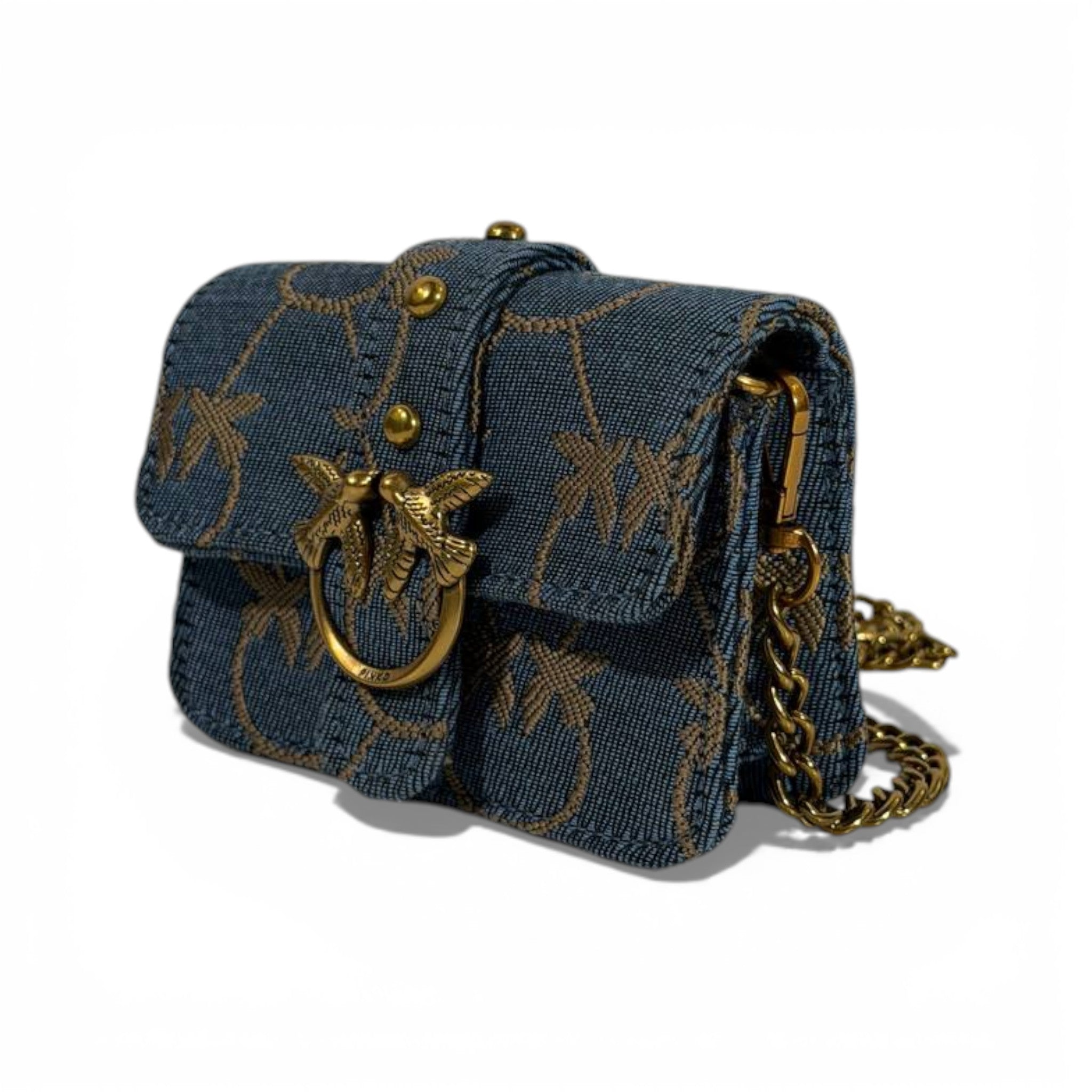 👜 Pinko Love Style Mini Chain Bag – Denim Blue & Gold 💙✨