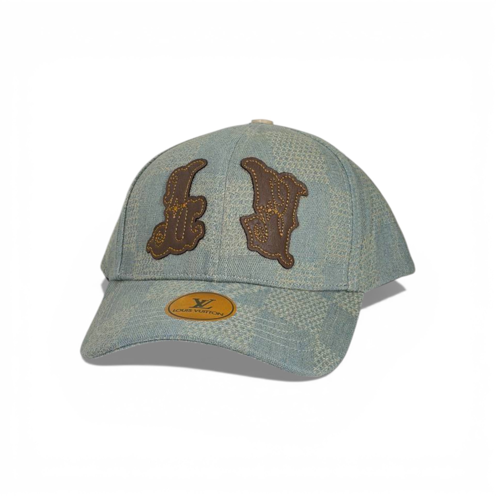 🧢 Louis Vuitton Denim Baseball Cap – Vintage Leather Patch Edition 🤍🤎✨