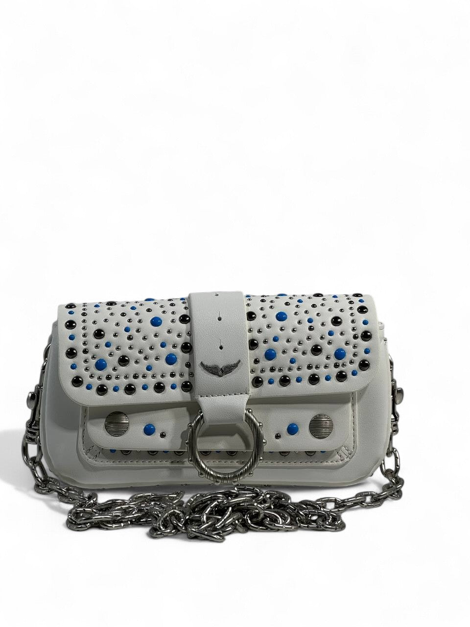 Zadig & Voltaire White Studded Shoulder Bag 🤍✨ | Silver Chain & Blue Accents 💎