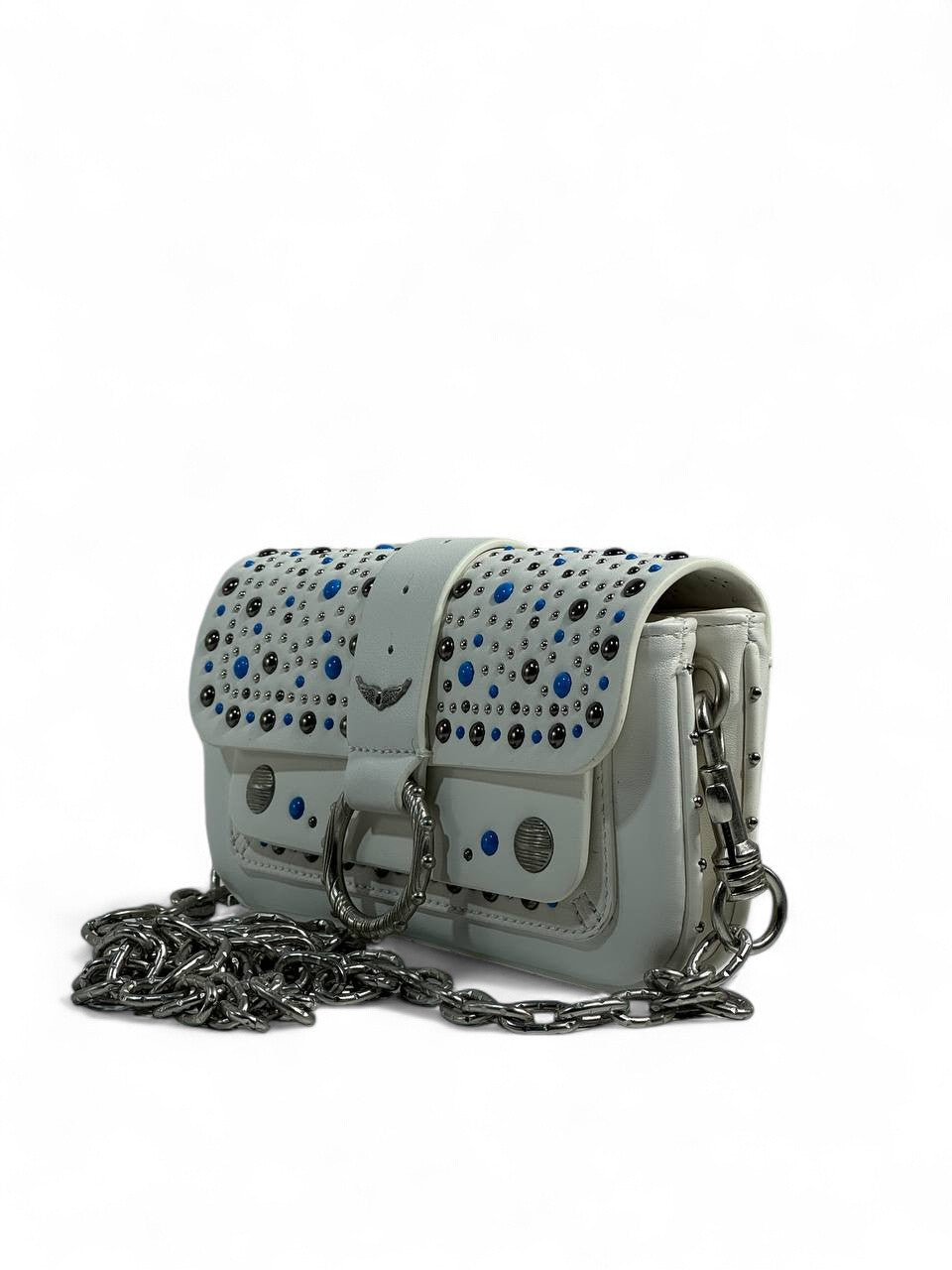 Zadig & Voltaire White Studded Shoulder Bag 🤍✨ | Silver Chain & Blue Accents 💎