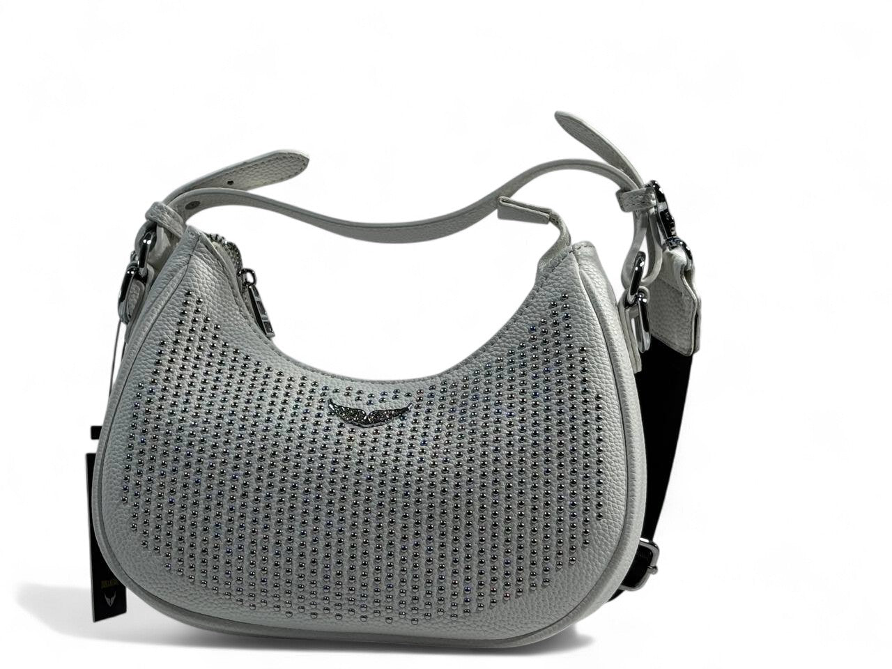 Zadig & Voltaire White Crystal Studded Shoulder Bag ✨🖤 | Elegant Crossbody with Logo Strap