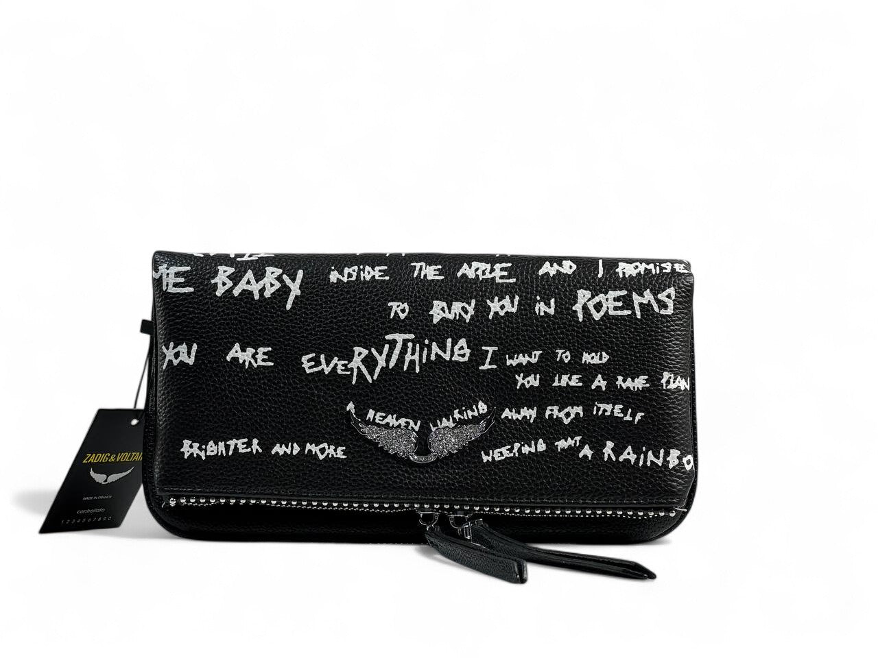 Zadig & Voltaire Graffiti Black Leather Clutch 🖤✍️ | Edgy Parisian Chic