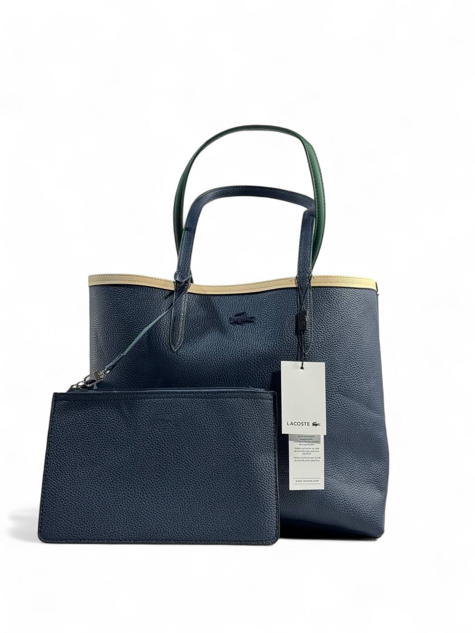 Lacoste Double-Face Tote Bag with Pouch – Green & Navy | Elegant Reversible Design 👜✨