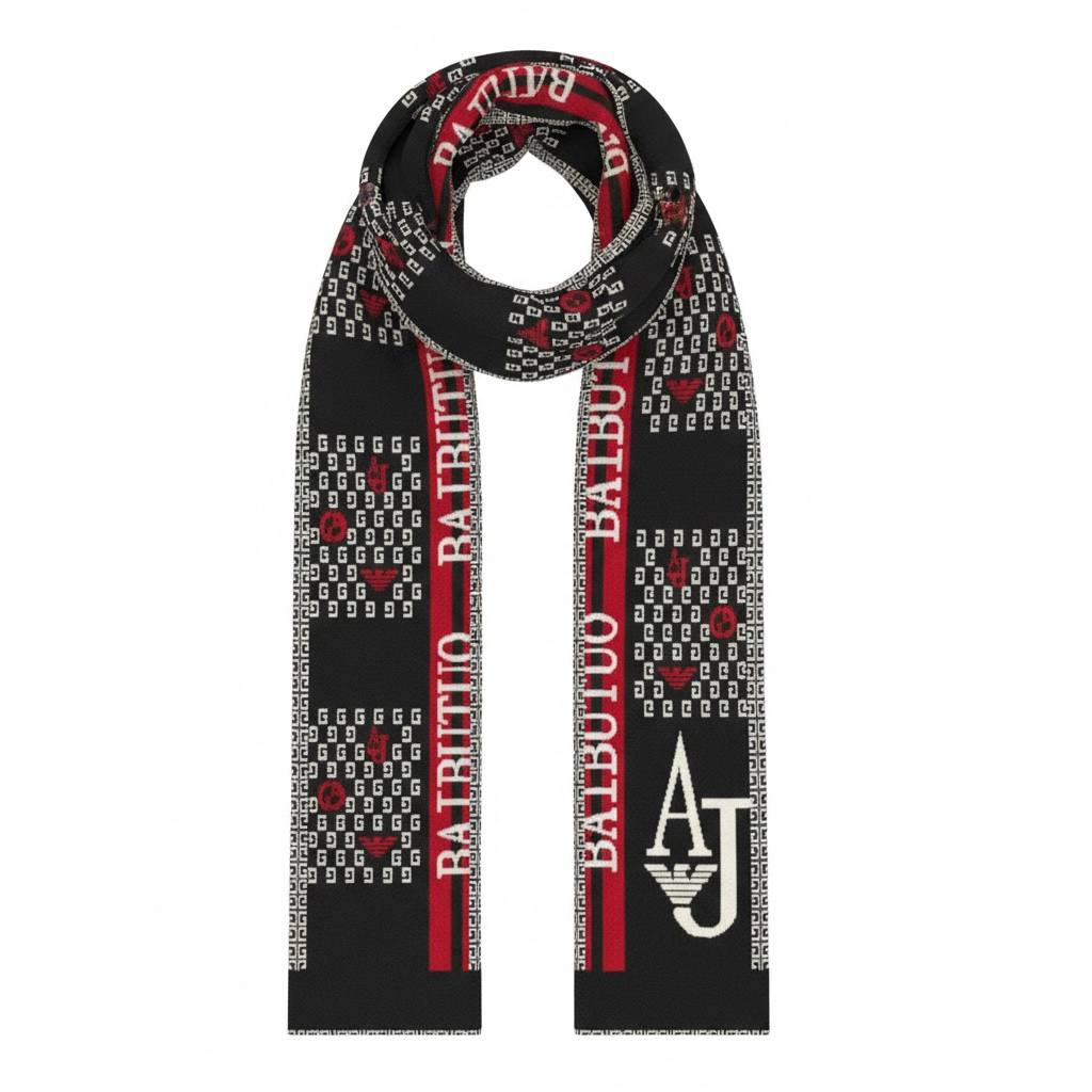 🖤 Armani Jacquard Logo Scarf – Black & Red Luxury Statement ❄️