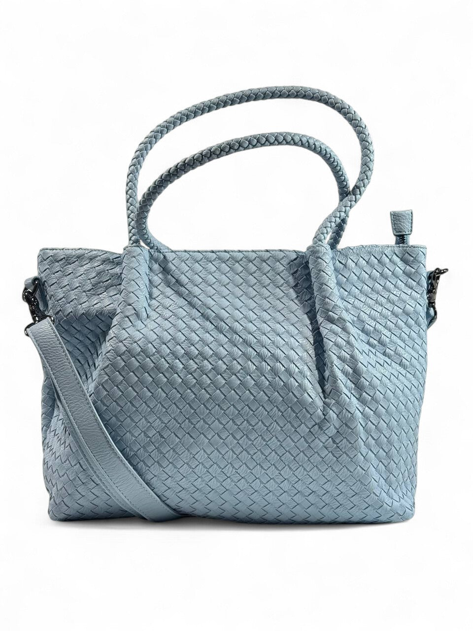 Bottega-Inspired Woven Leather Tote Bag – Sky Blue Elegance 🩵👜