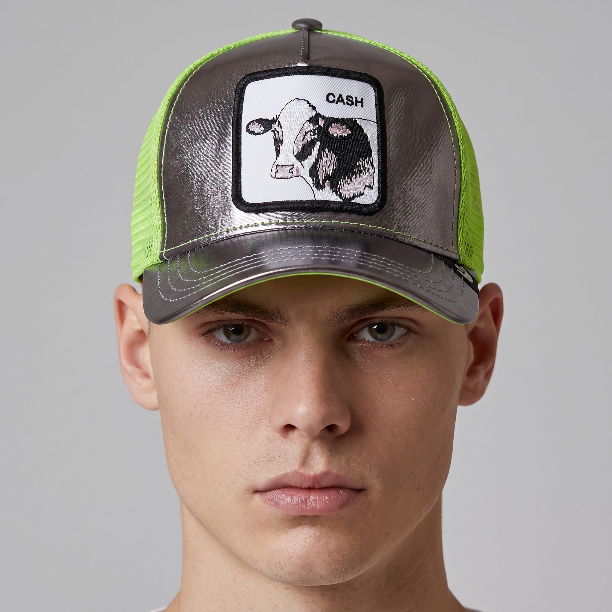 Goorin Bros neon green and grey trucker cap with cow 'CASH' patch