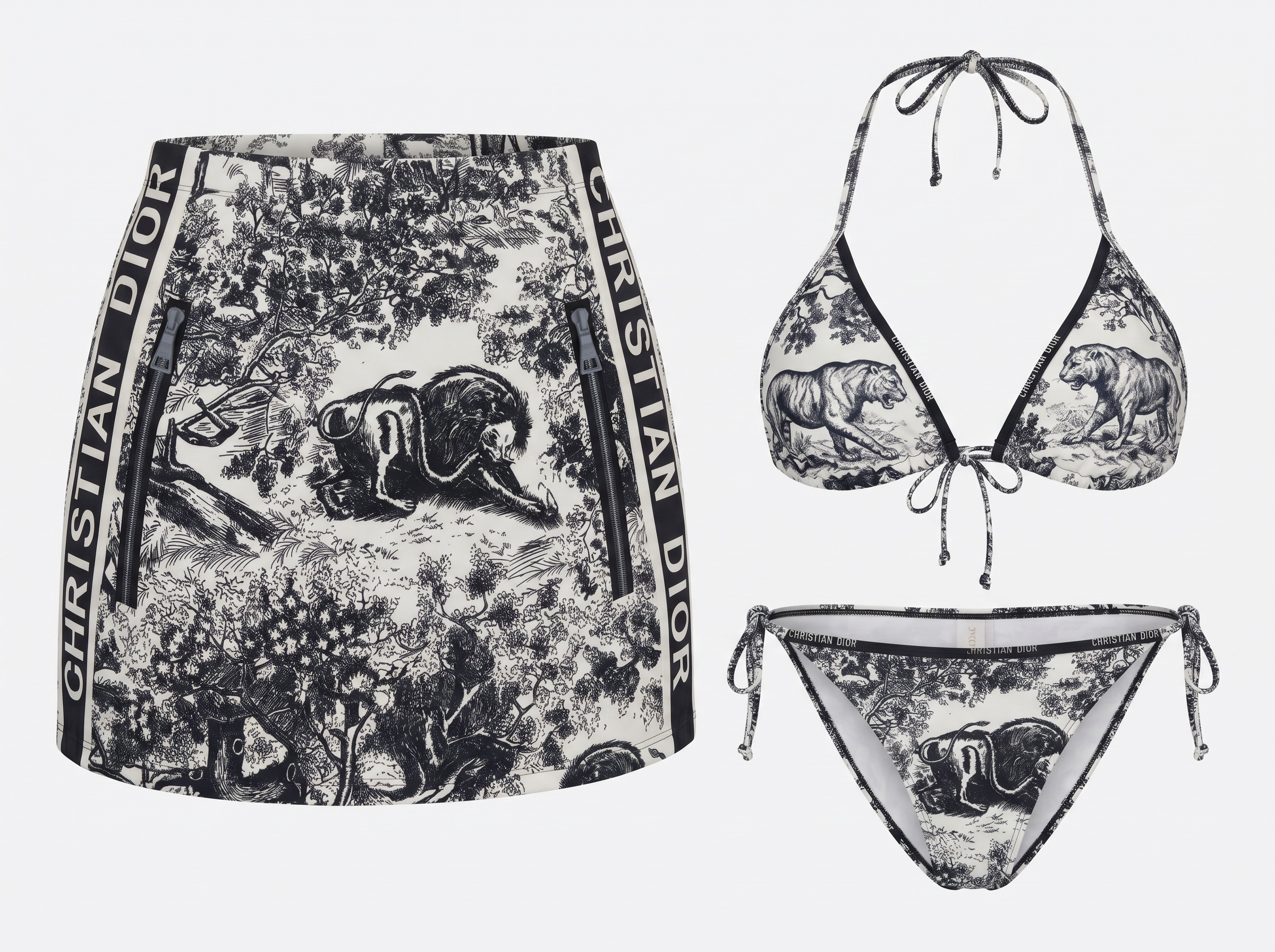 Dior Toile de Jouy Bikini Set with Matching Pareo Skirt – Black & White 🖤🤍🏖️