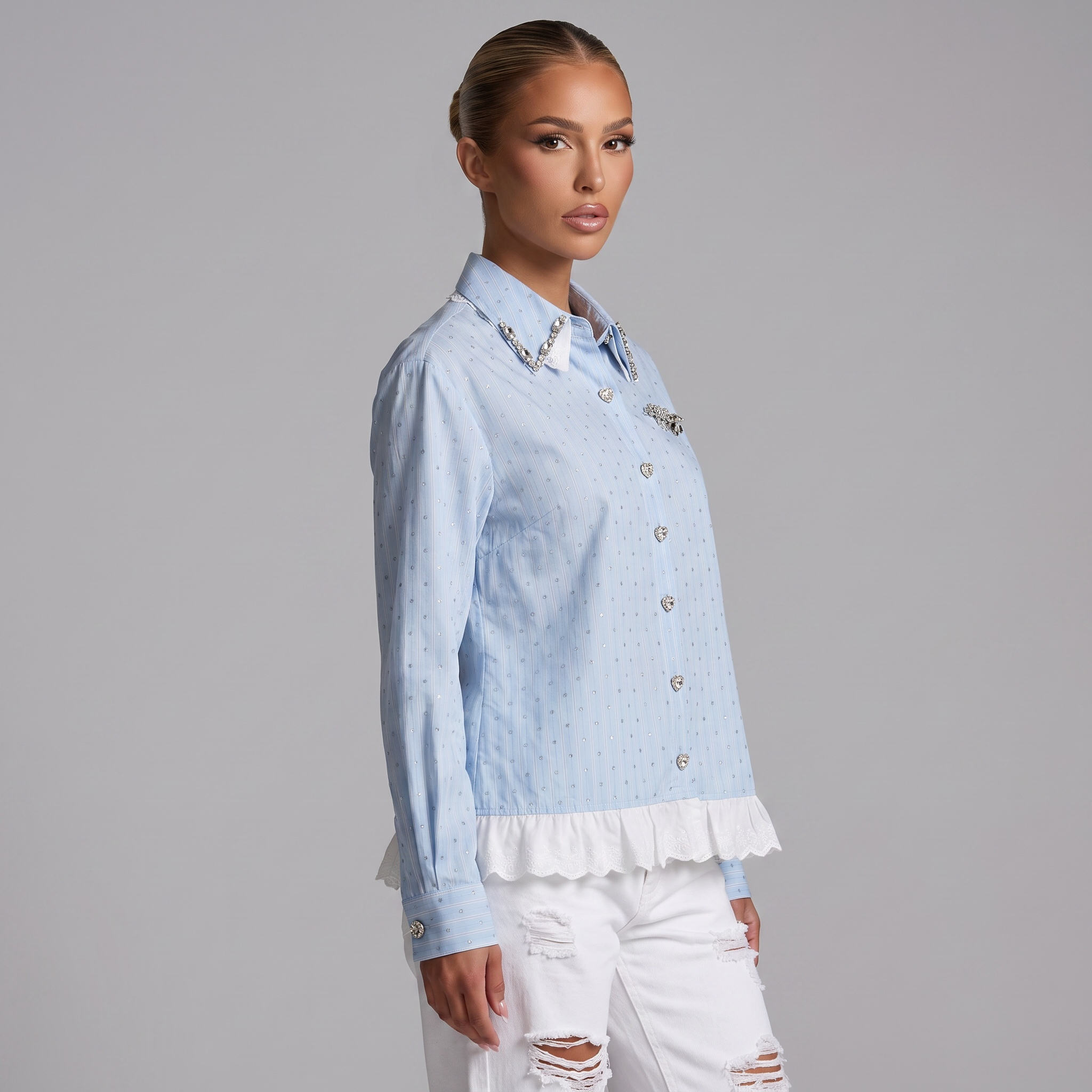 Miu Miu Crystal Collar Lace Hem Shirt one size