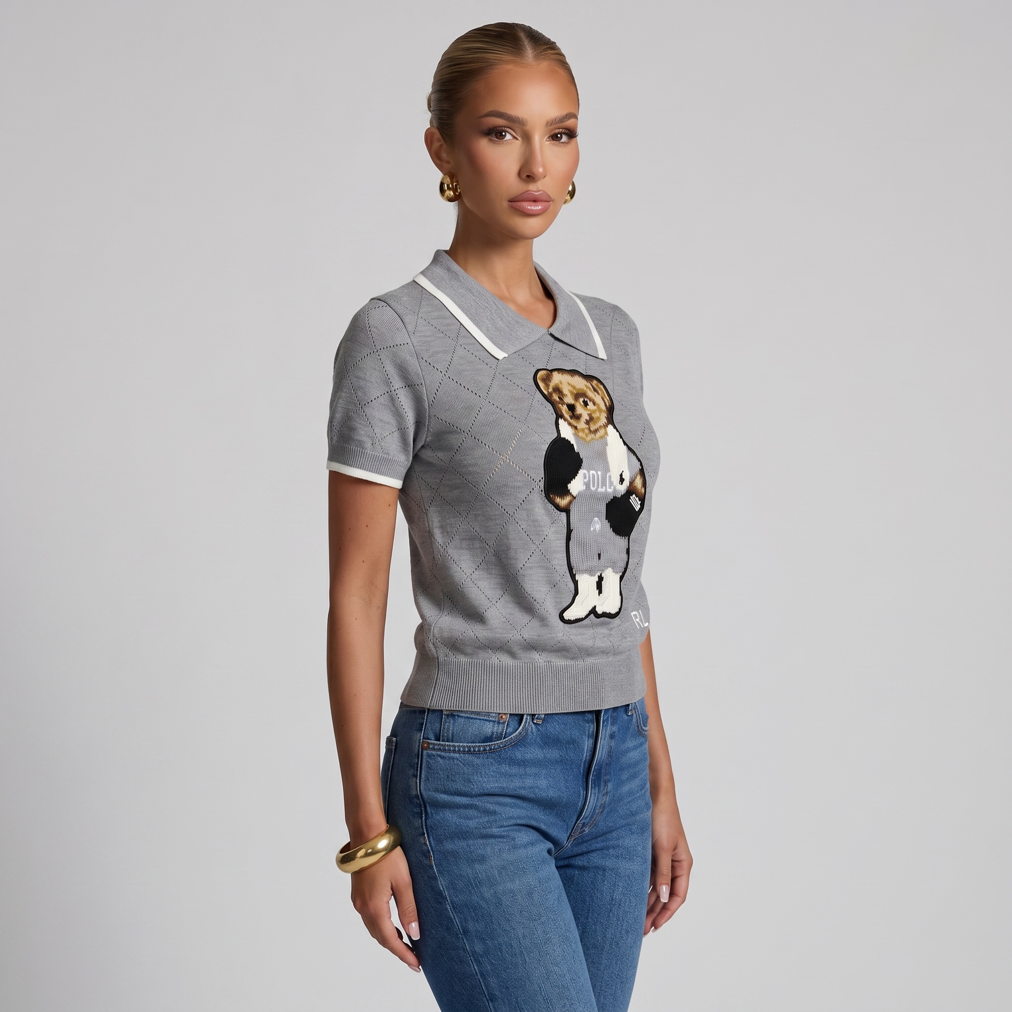 🧸 Polo Ralph Lauren Bear Knit Polo Sweater – Heather Grey Edition