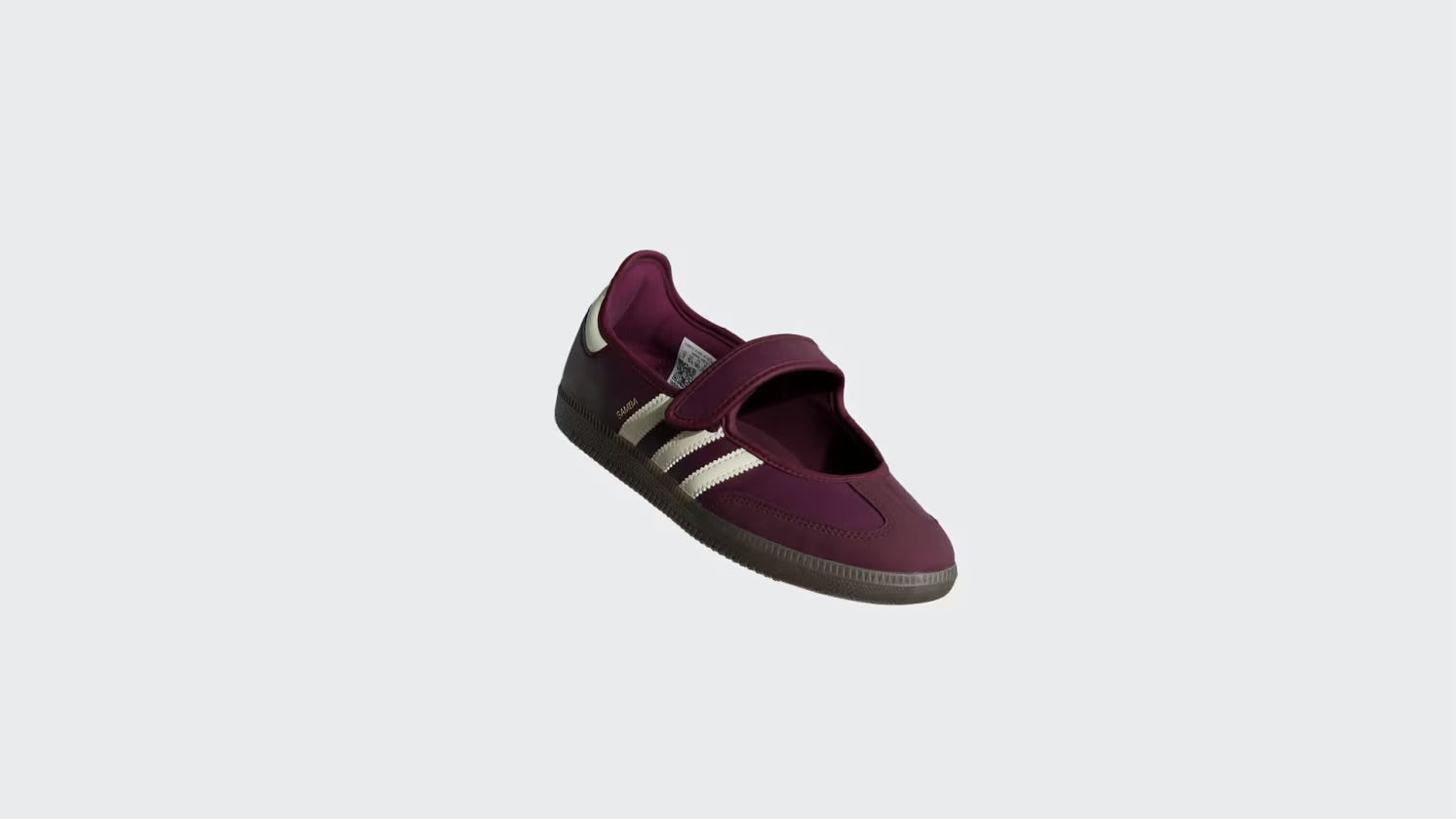 maroon adidas samba mary jane sneaker with cream three stripes and velcro strap