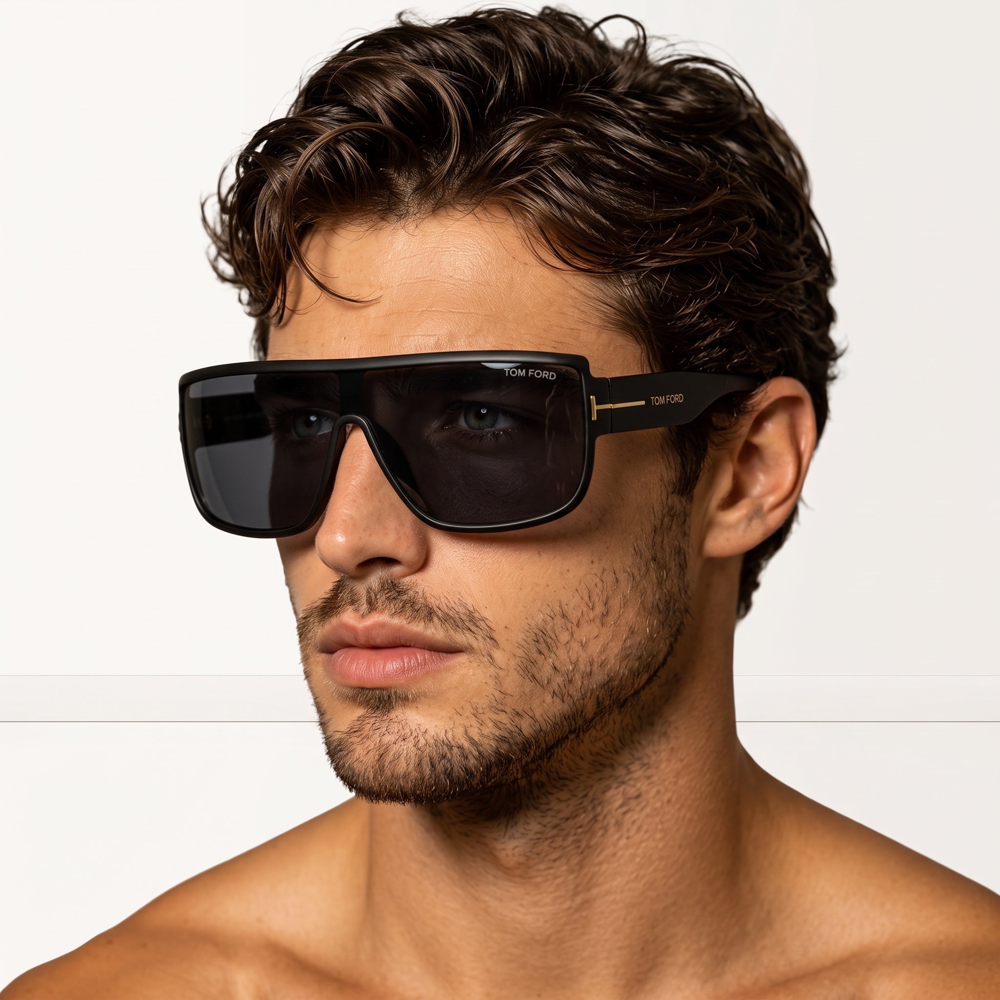 Tom Ford oversized black shield sunglasses with gold T logo on temple, worn by male model.