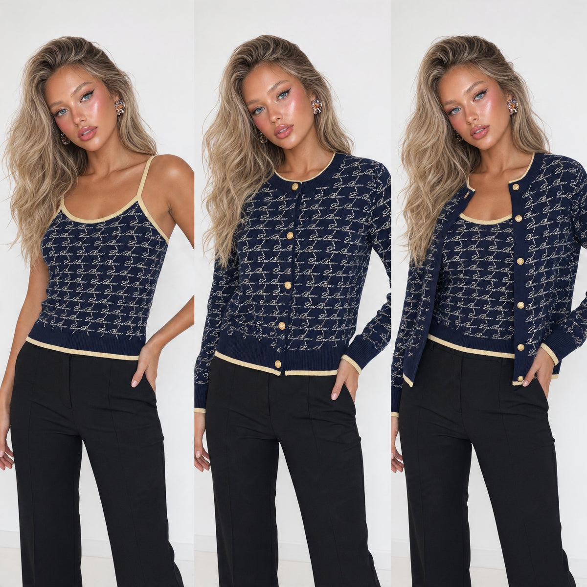 Navy knit tank and matching cardigan with repeating script pattern and gold trim