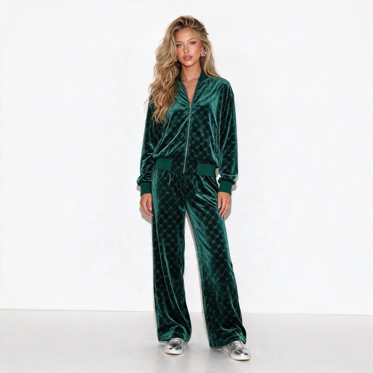 emerald green velour Gucci-style track jacket and matching pants with GG pattern