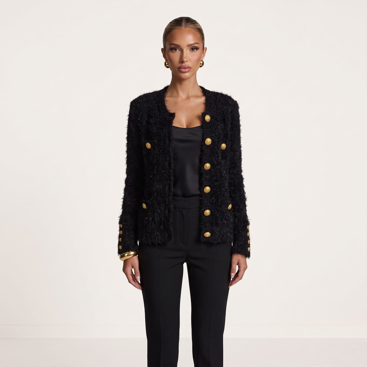 Balmain cropped black textured jacket with gold buttons