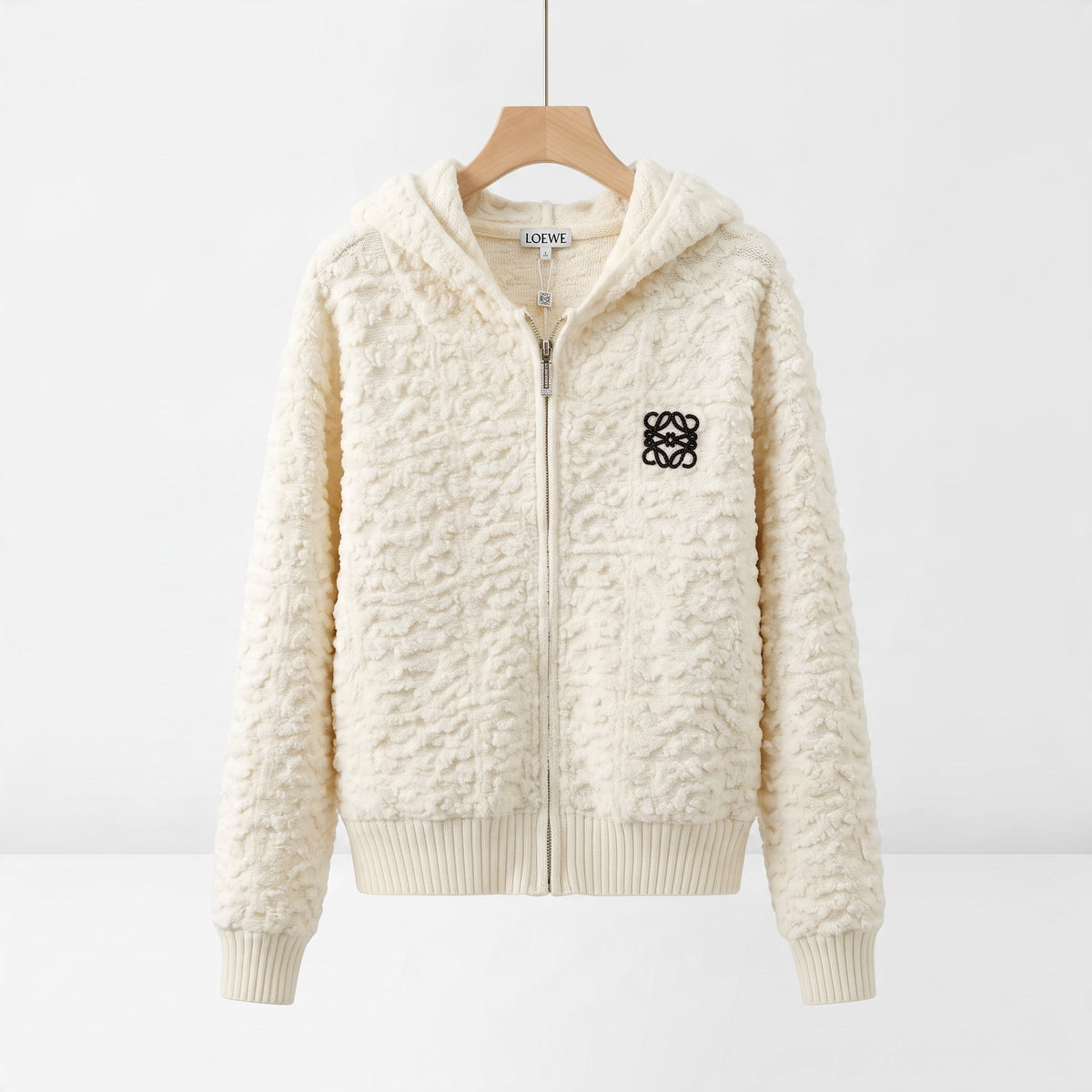 Loewe cream textured hooded zip jacket with embroidered logo