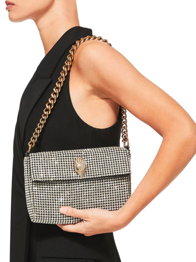 silver crystal shoulder bag with gold chunky chain and jeweled clasp