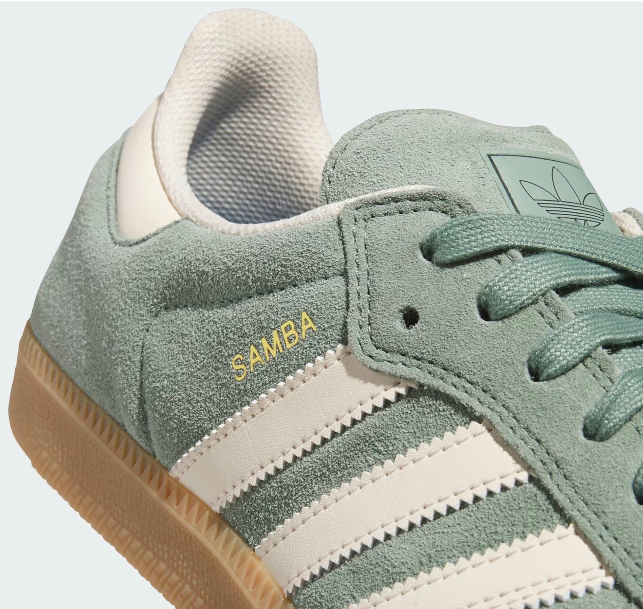 Adidas Samba seafoam green suede sneaker with white stripes and gum sole