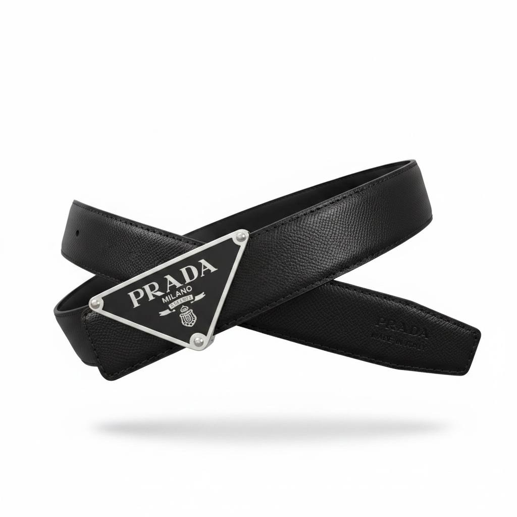 Prada Luxury Black Leather Belt – Triangle Logo Buckle 125CM 🖤✨