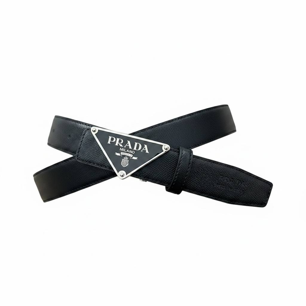 Prada Luxury Black Leather Belt – Triangle Logo Buckle 125CM 🖤✨