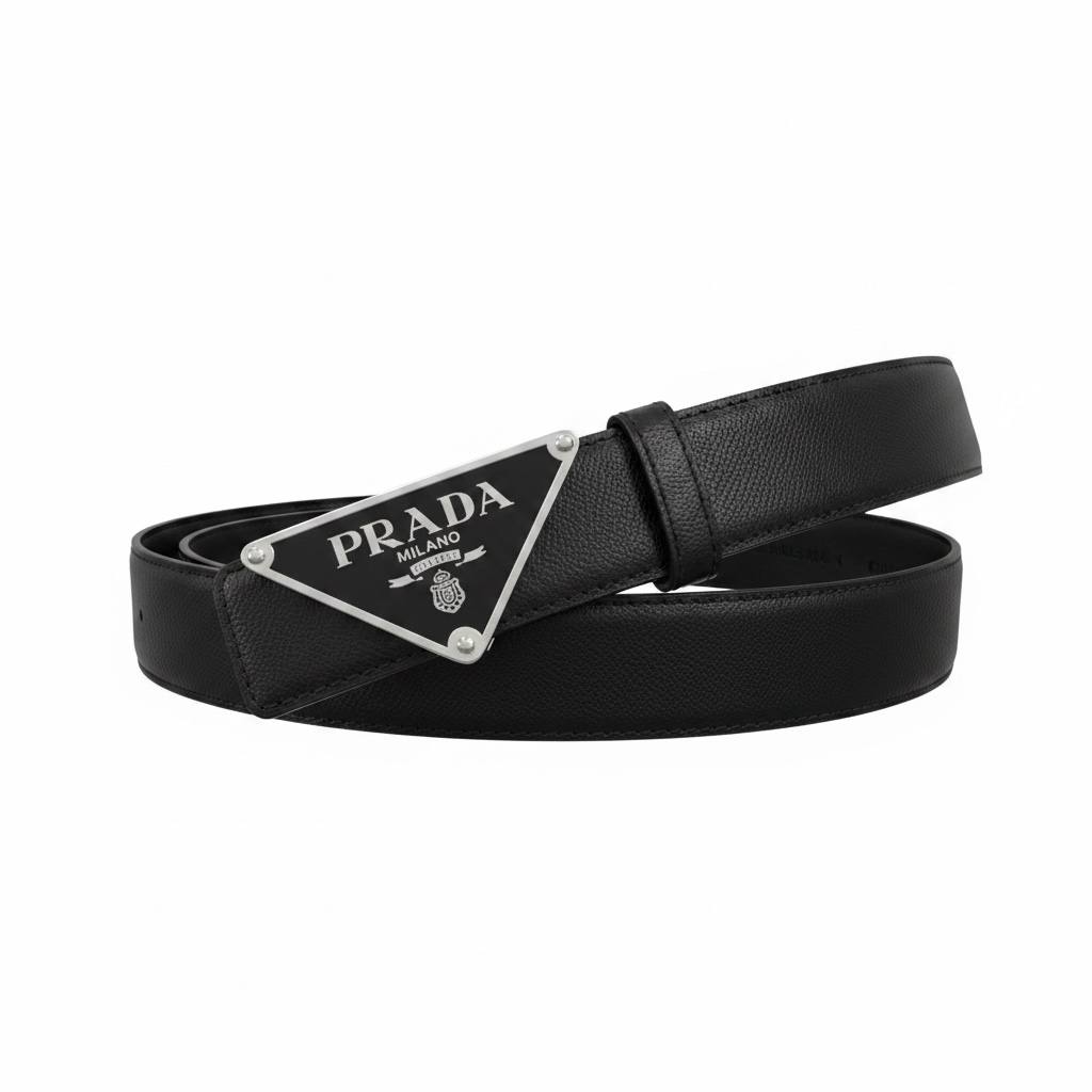 Prada Luxury Black Leather Belt – Triangle Logo Buckle 125CM 🖤✨