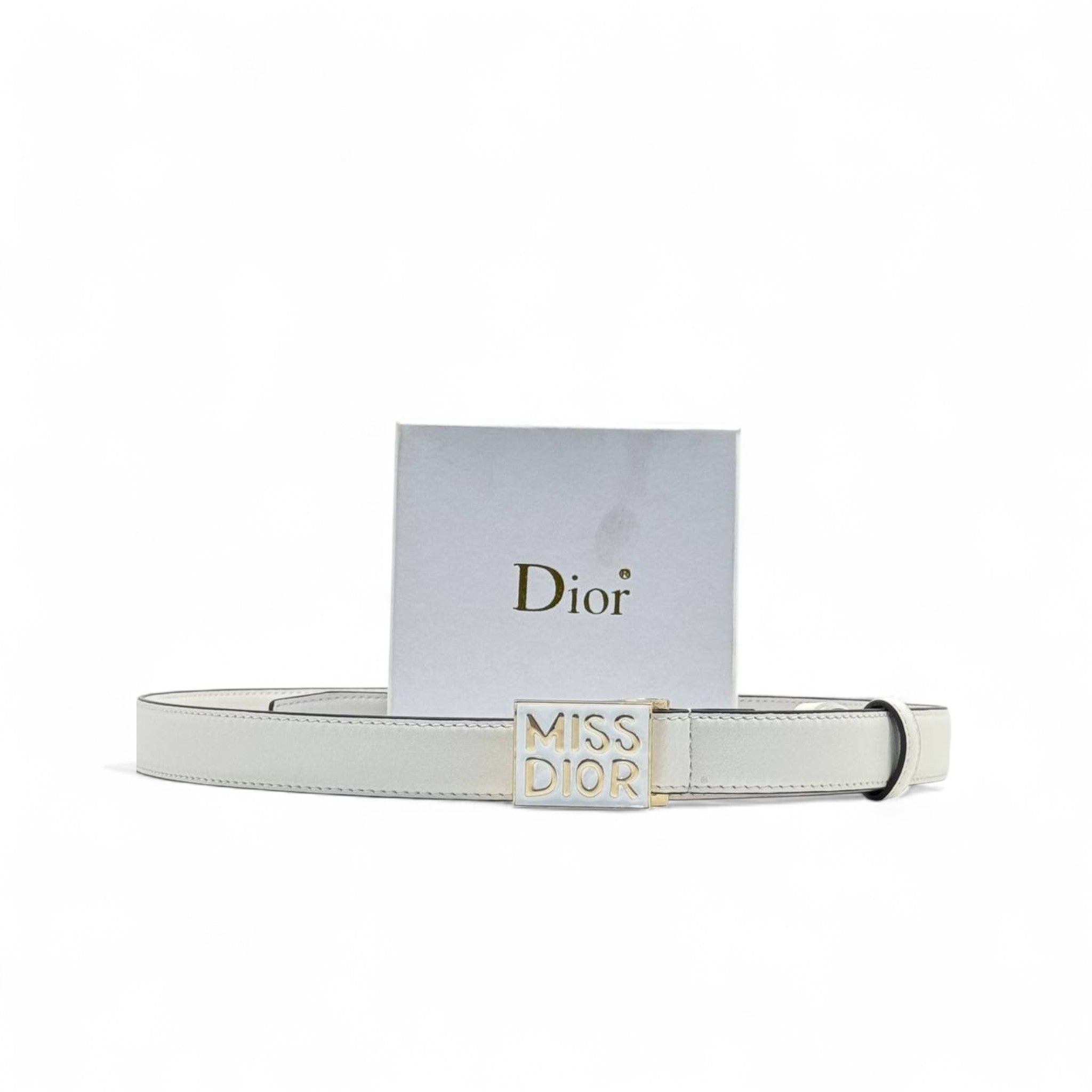 Miss Dior White Leather Belt 🤍 | 125cm | Gold & White Logo Buckle + Box