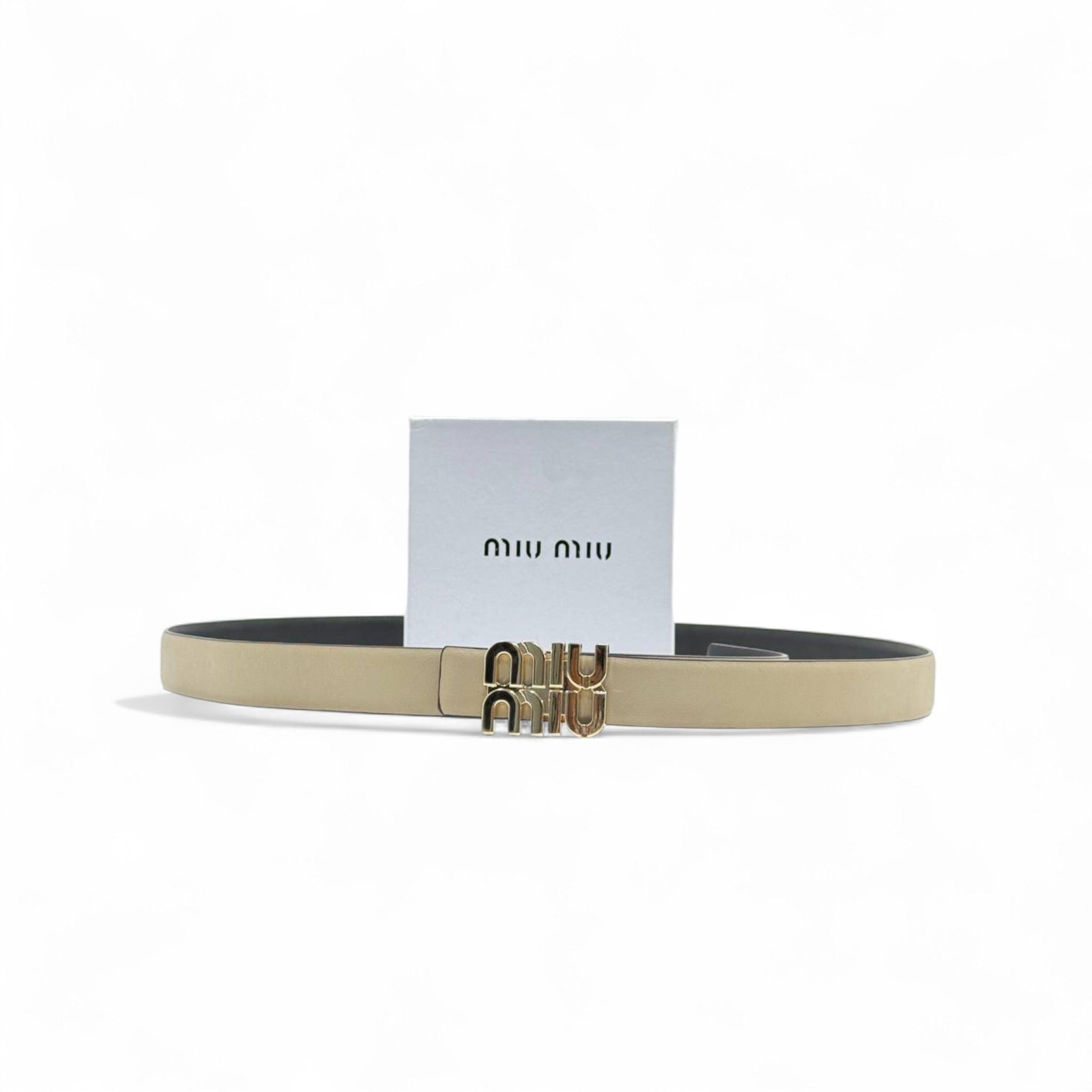 Miu Miu Beige Leather Belt 🤍 | 125cm | Gold Logo Buckle | With Box