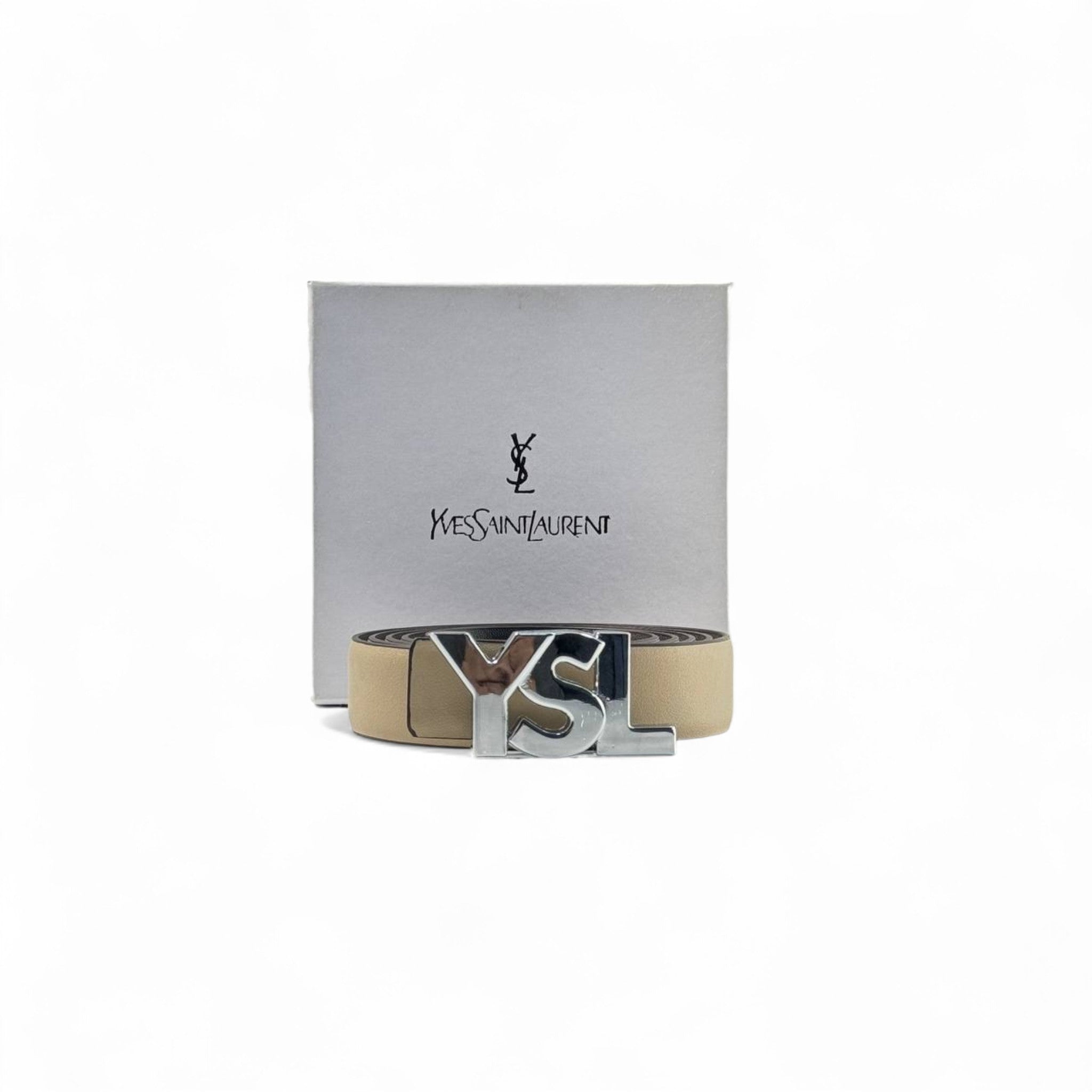 🤍 YSL Classic Belt – 125cm Beige with Silver Logo Buckle ✨
