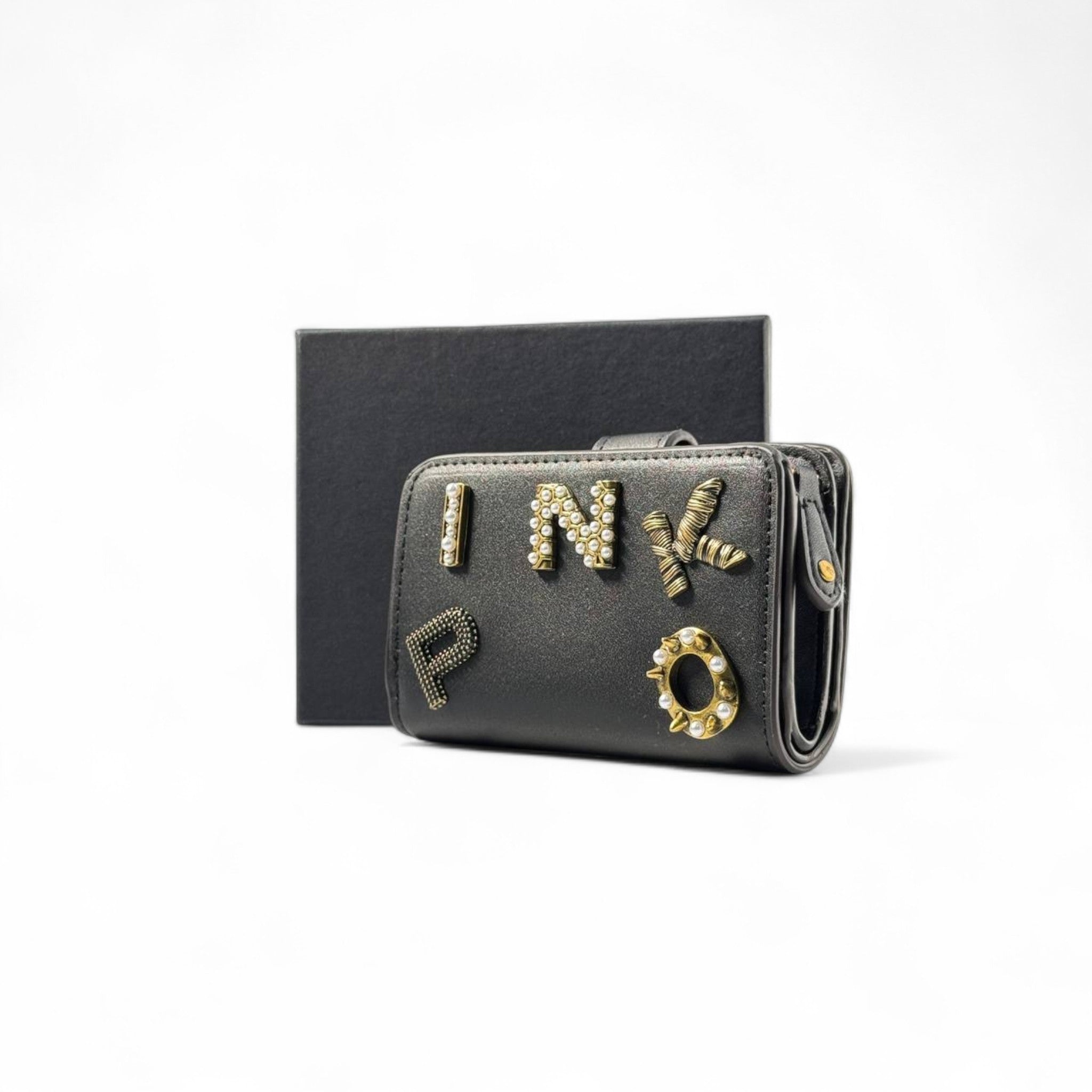 🖤 Pinko Crystal Logo Wallet – Black with Studded 3D Lettering ✨