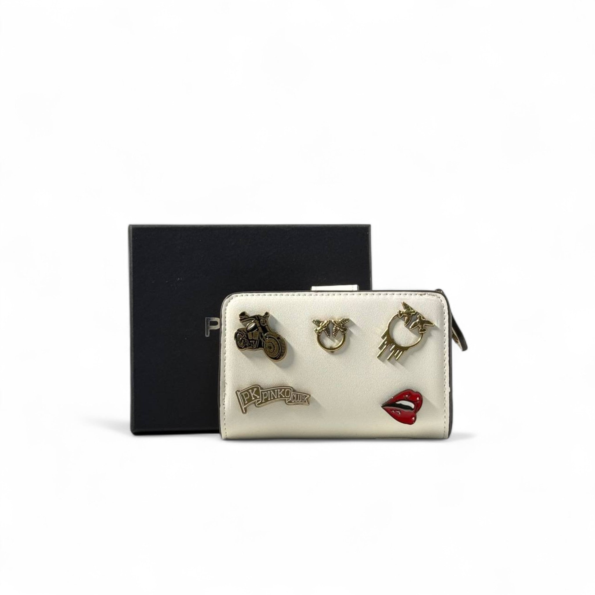 ๐ค Pinko Charm Wallet โ Ivory with Gold Icons & Red Lips Detail ๐โจ