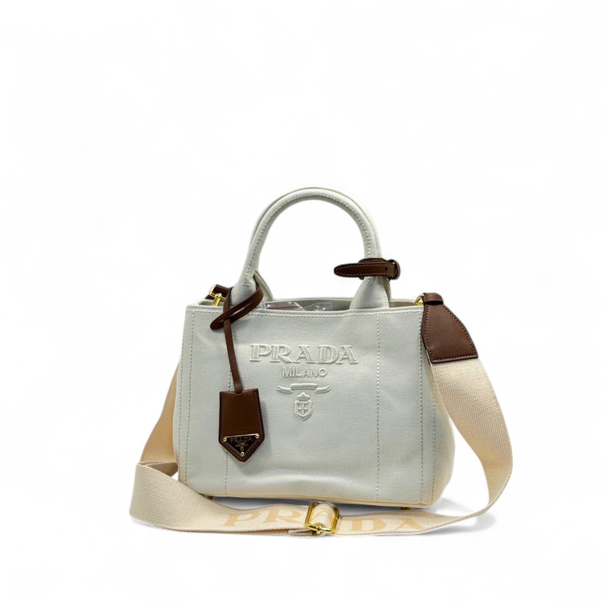 🤍 Prada Milano Canvas Mini Tote – White Elegance Edition