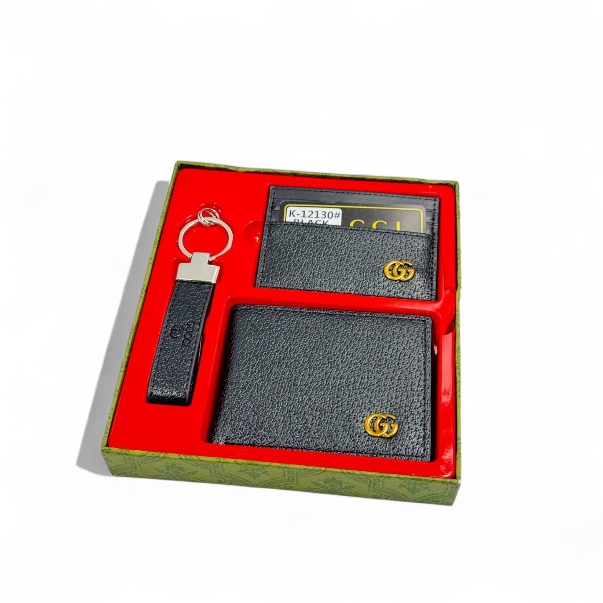 GG Black Leather Gift Set – Wallet, Card Holder & Keychain 🖤✨