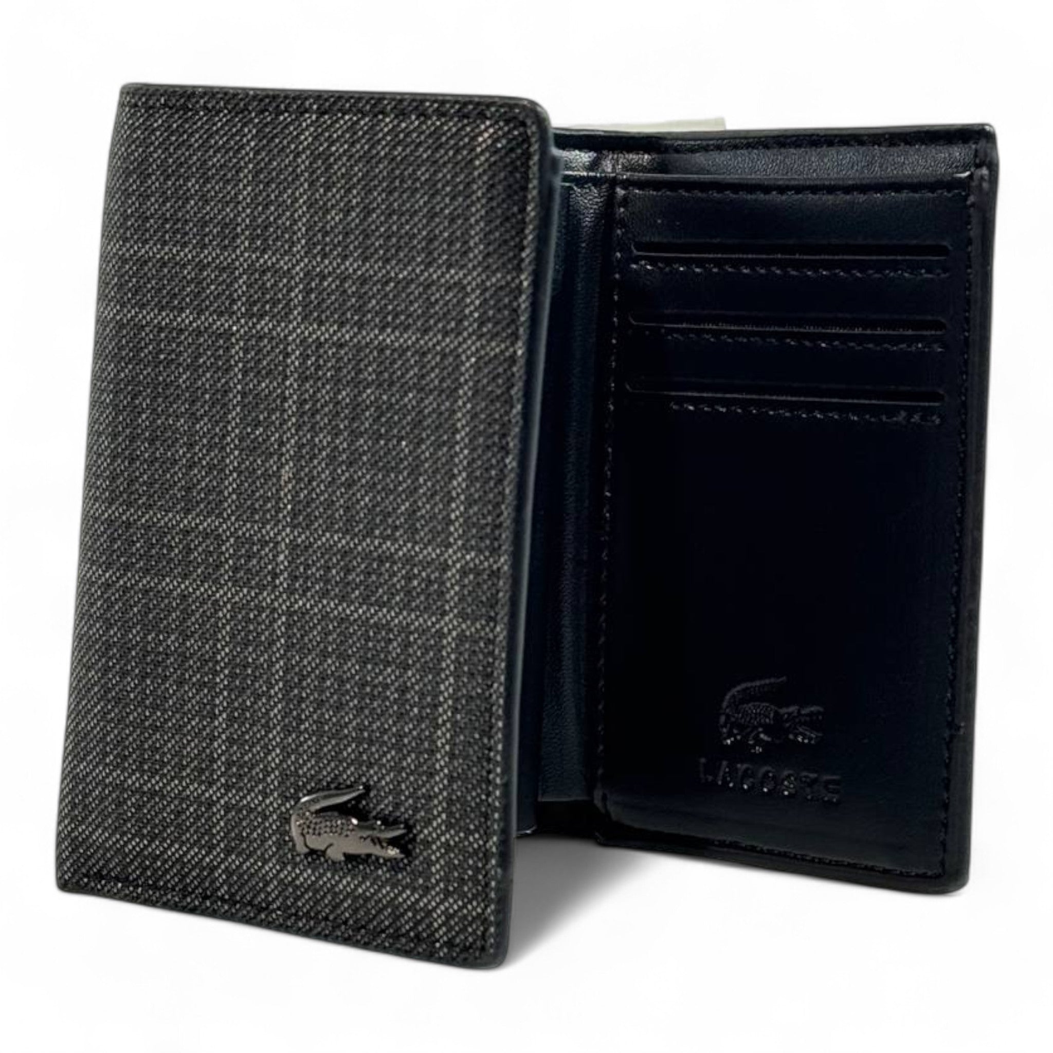 🐊 Lacoste Checkered Trifold Wallet – Charcoal Black Edition 🖤