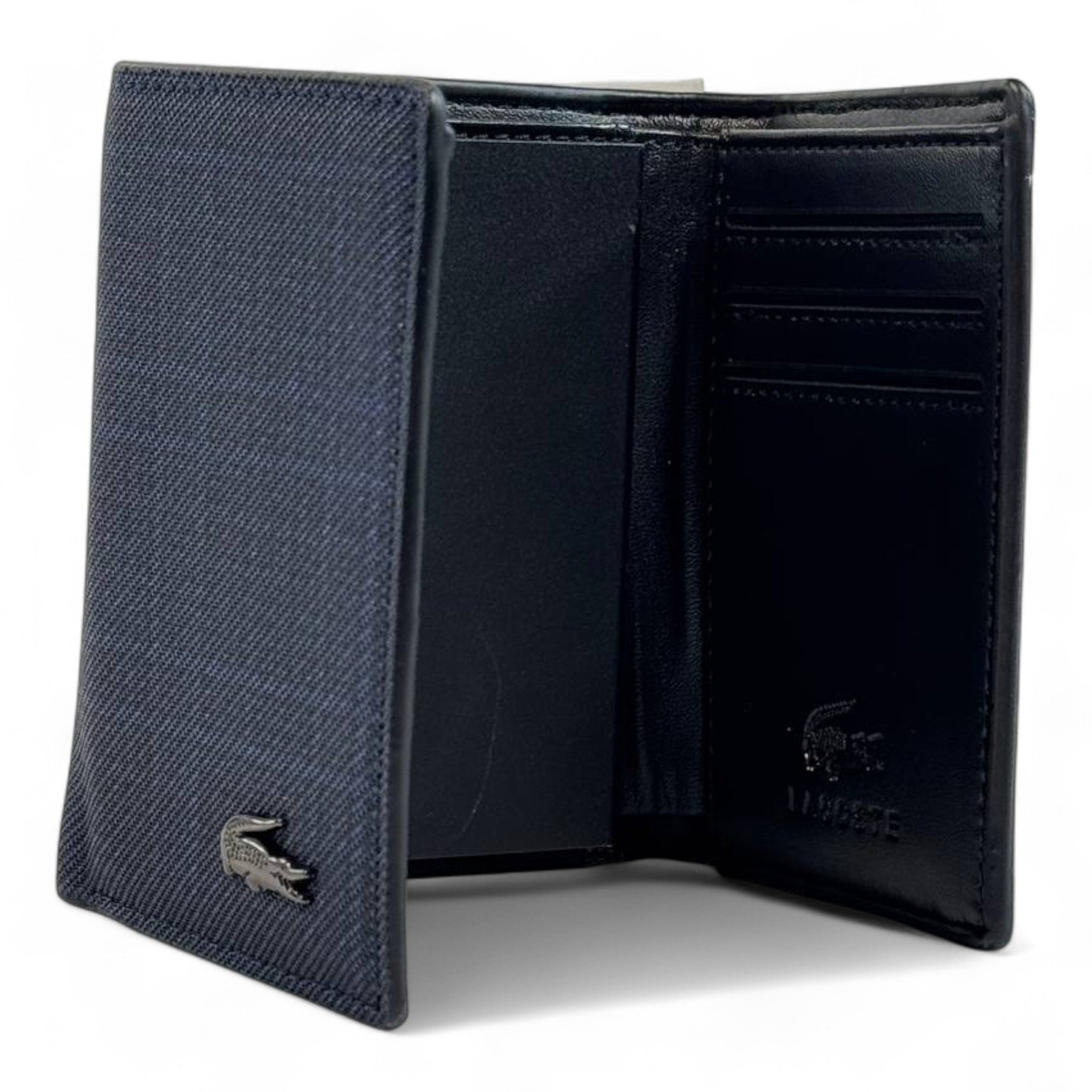💙 Lacoste Checkered Trifold Wallet – Navy Blue Edition 🐊