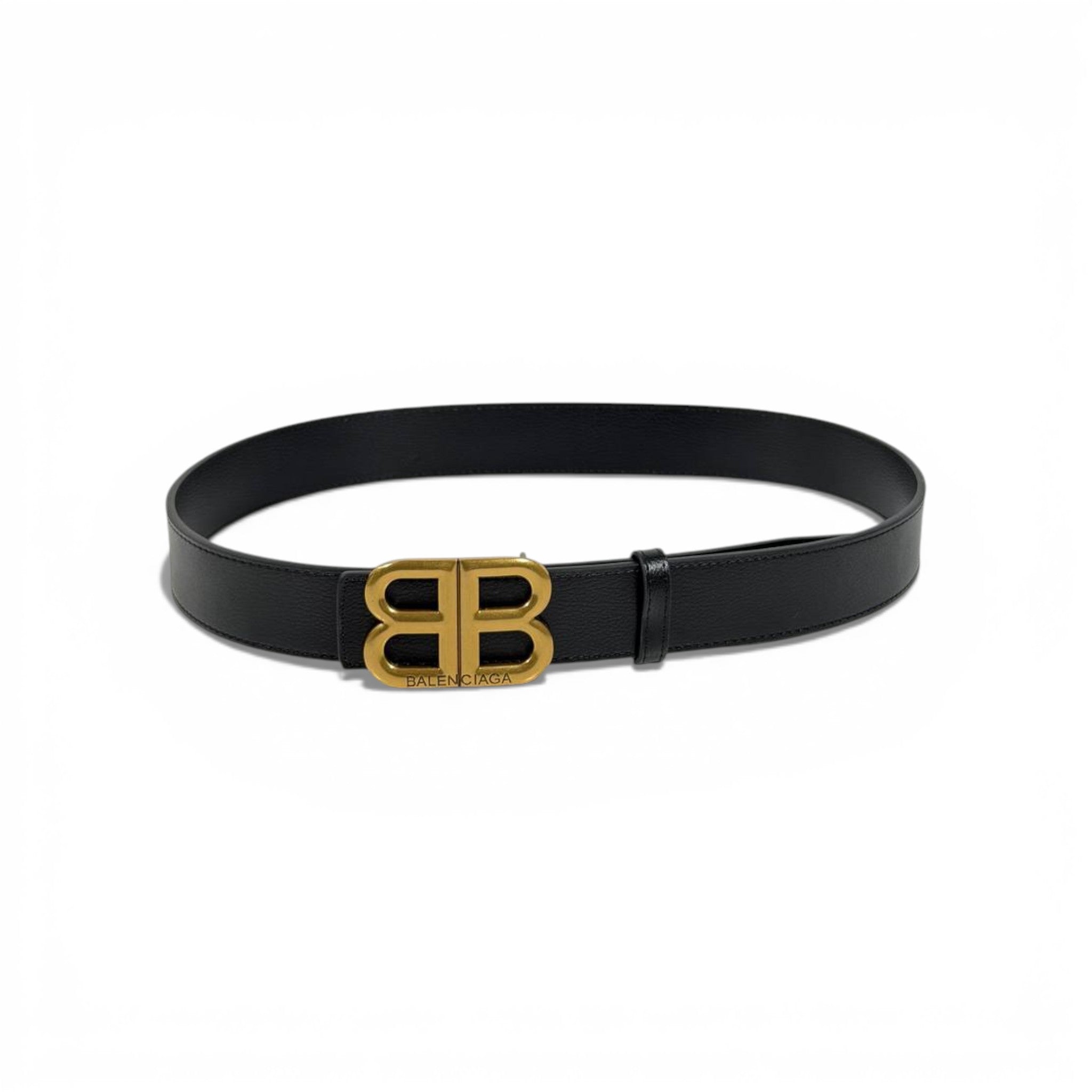 ✨ Balenciaga Black Leather Belt Gold BB Logo Buckle 115cm Luxury Men’s Accessory-115cm